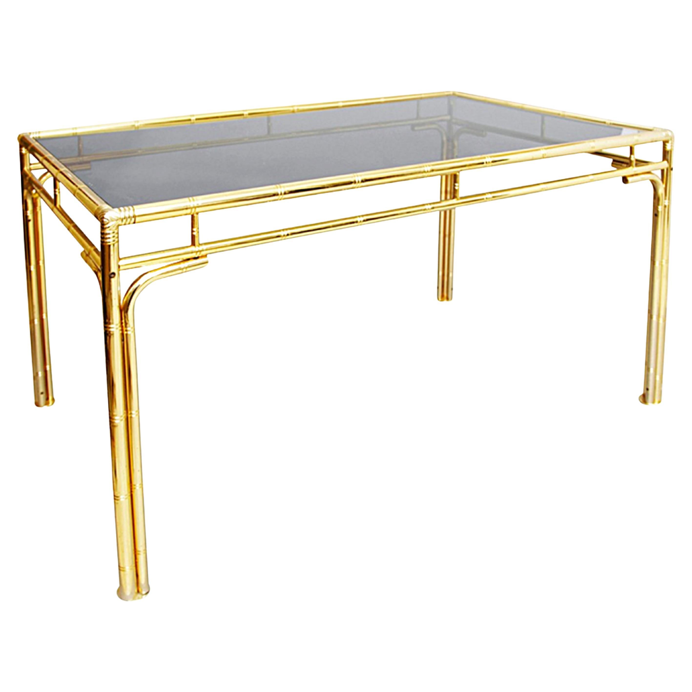 Brass Faux Bamboo Dining Table Glass Hollywood Regency Vintage 1970s Midcentury For Sale