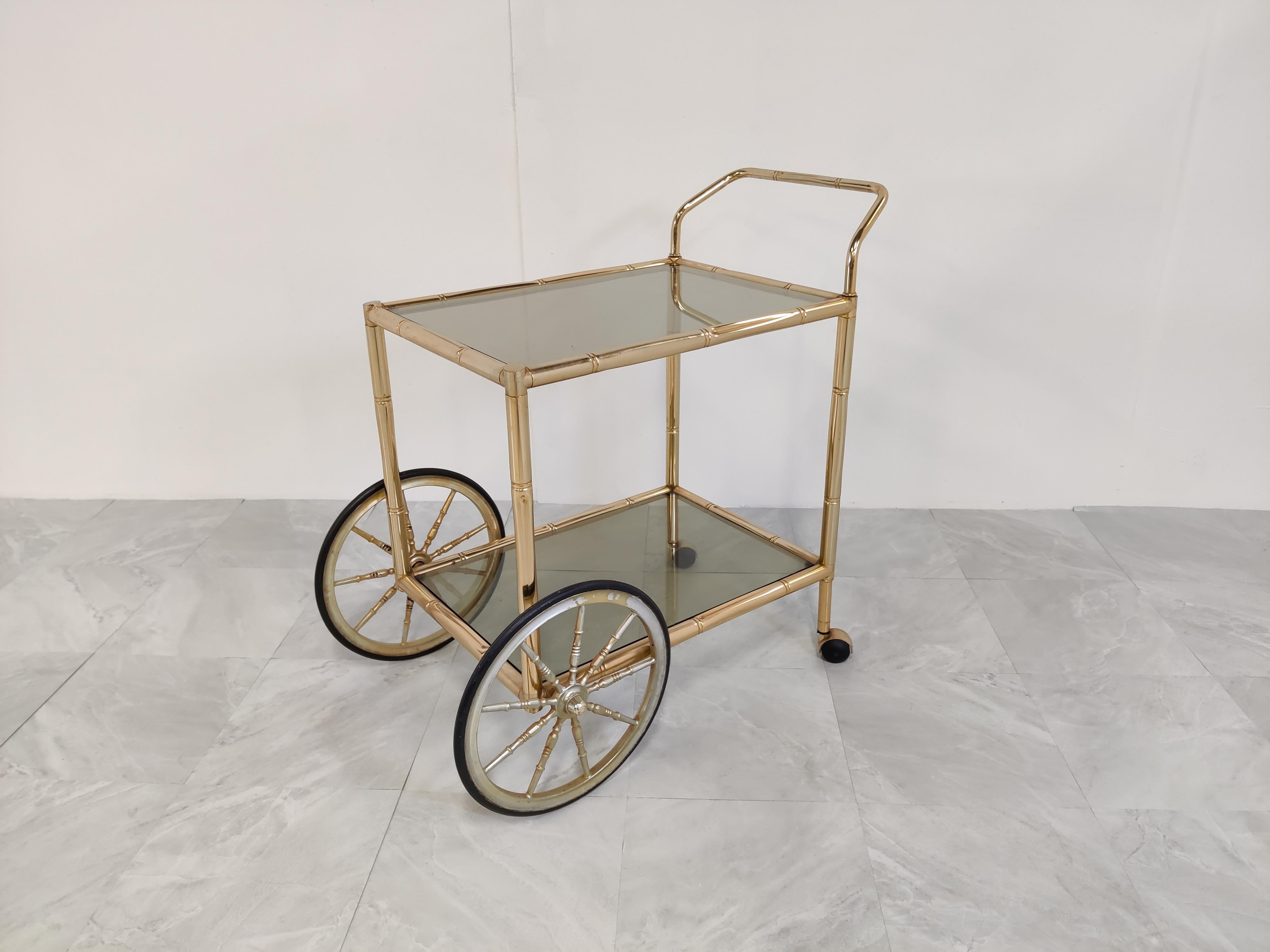 French Brass Faux Bamboo Drinks Trolley, 1970s For Sale