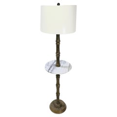 Brass Faux Bamboo Floor Lamp with Attached Marble Table