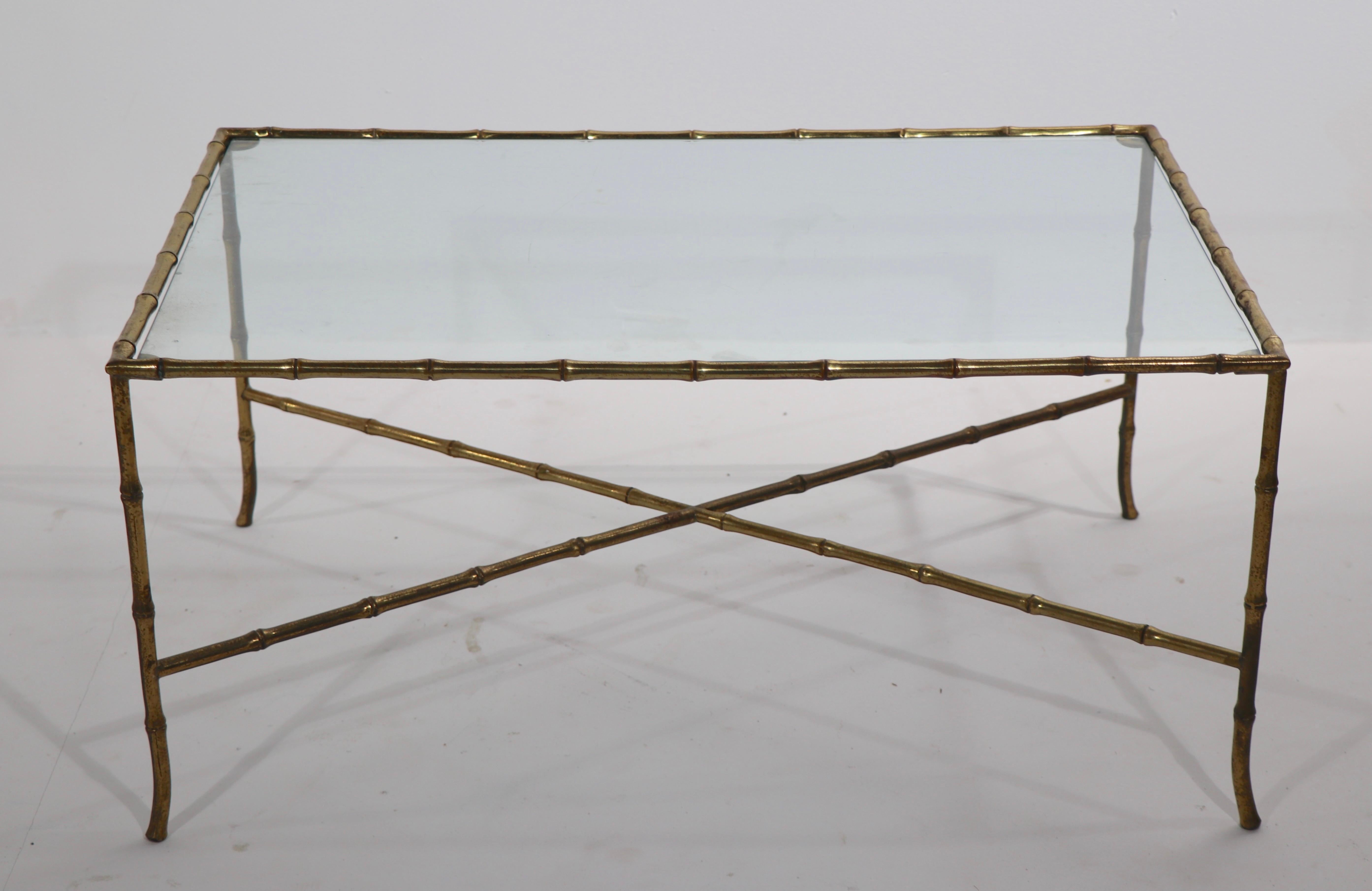 Hollywood Regency Brass Faux Bamboo Glass Top Coffee Table