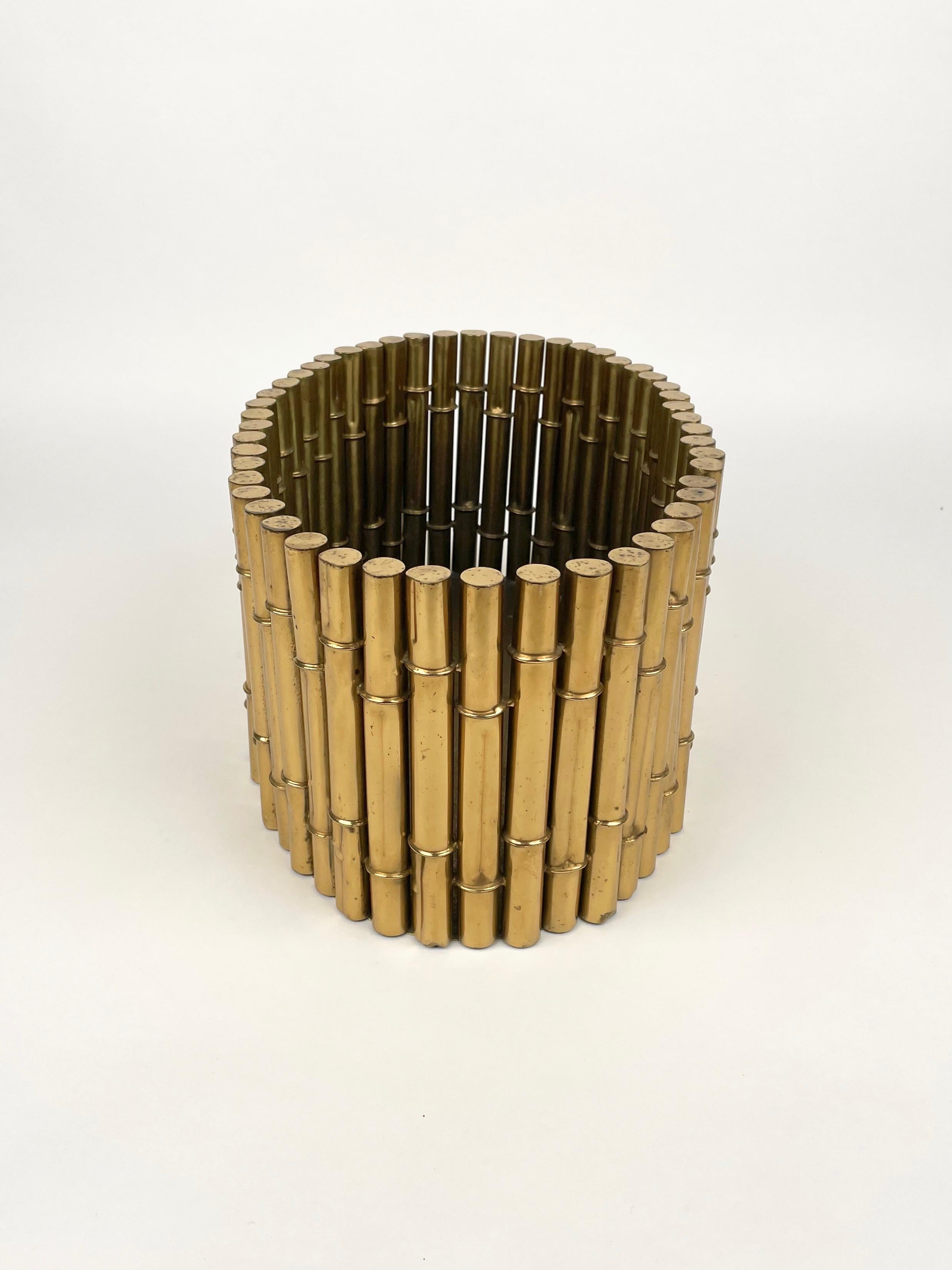 Brass Faux Bamboo Magazine Rack or Basket, by Bottega Gadda, Italy 1970s For Sale 6