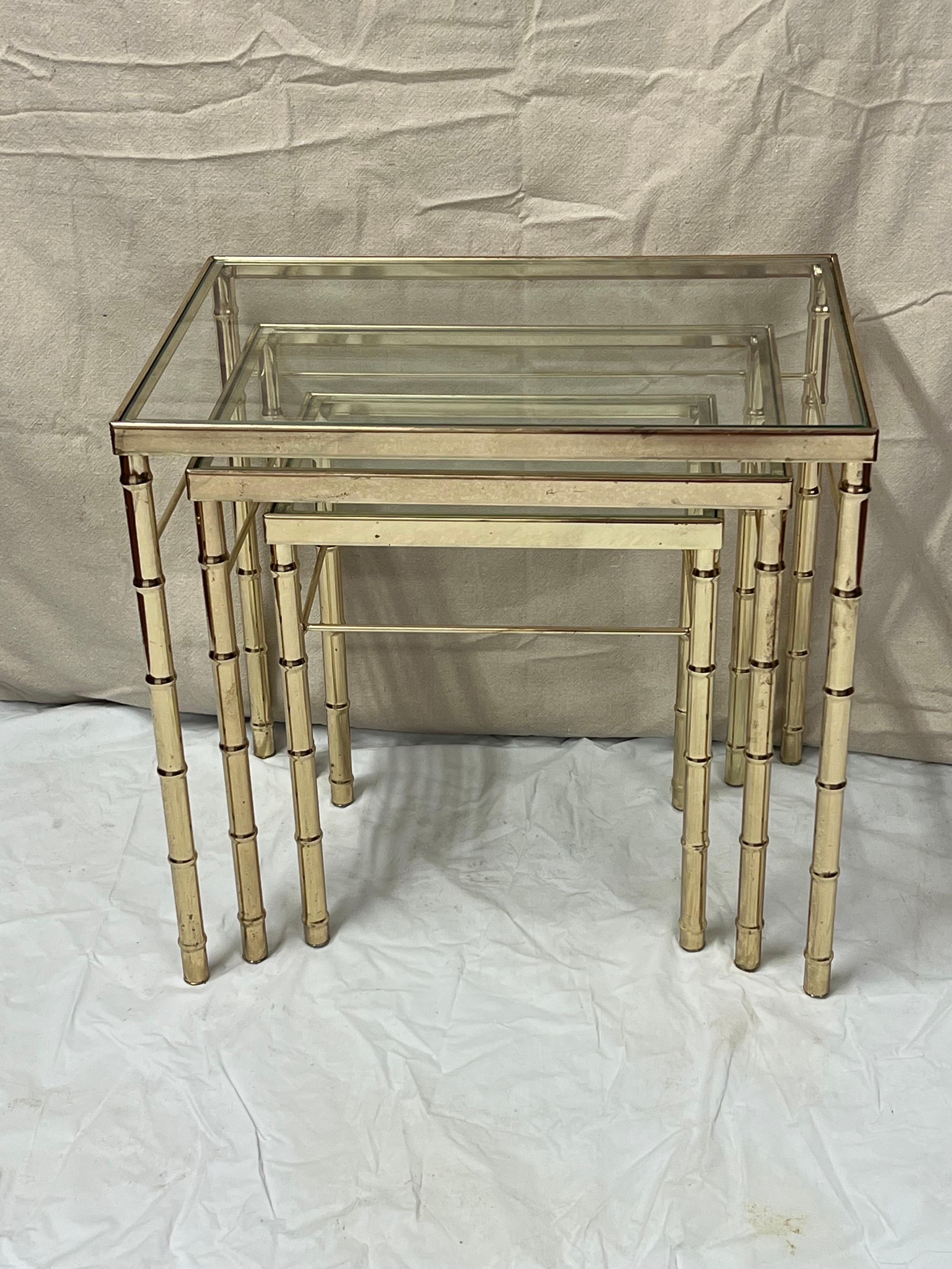 Hollywood Regency Brass Faux Bamboo Nesting Table Set For Sale