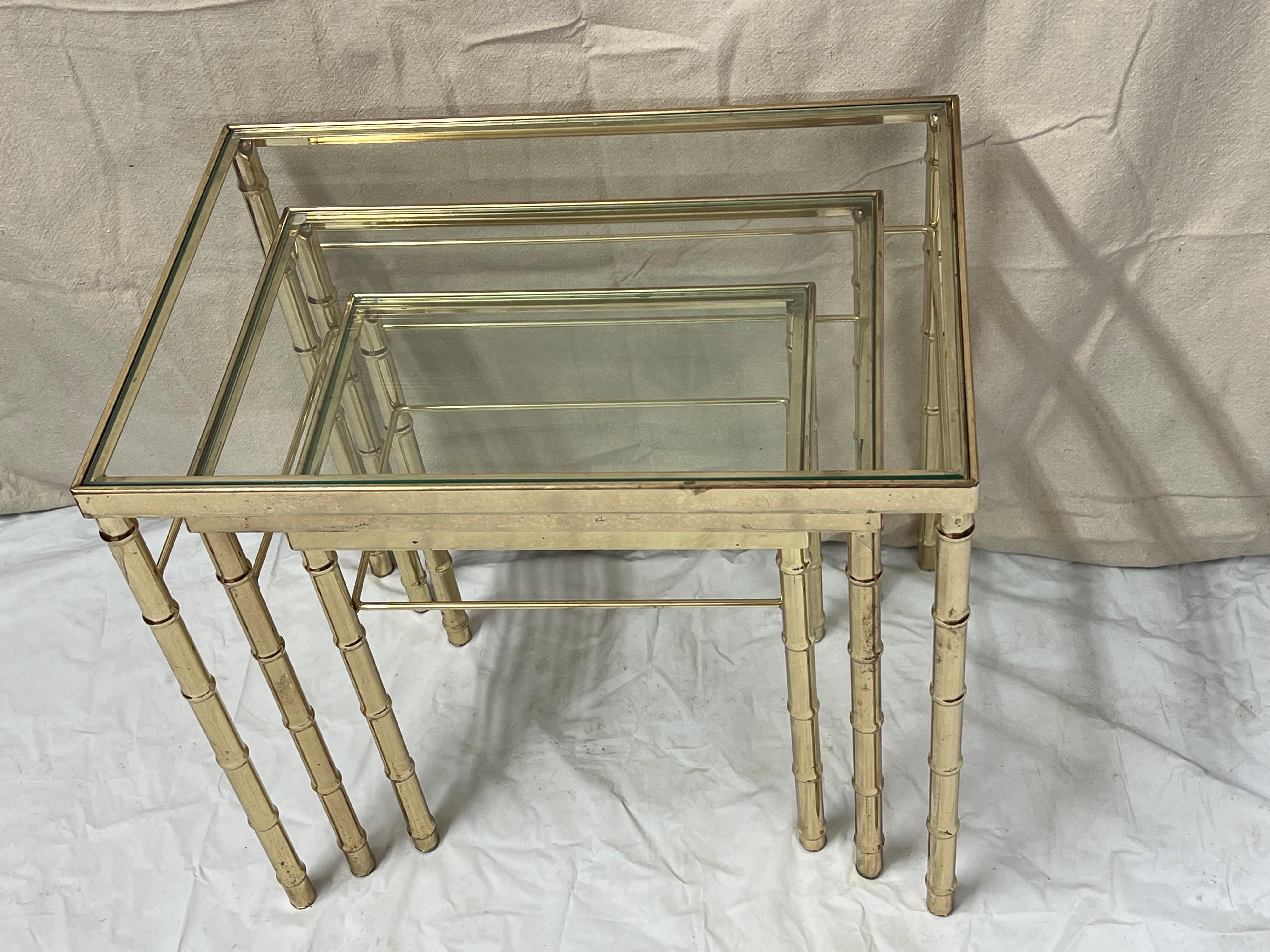 Late 20th Century Brass Faux Bamboo Nesting Table Set For Sale