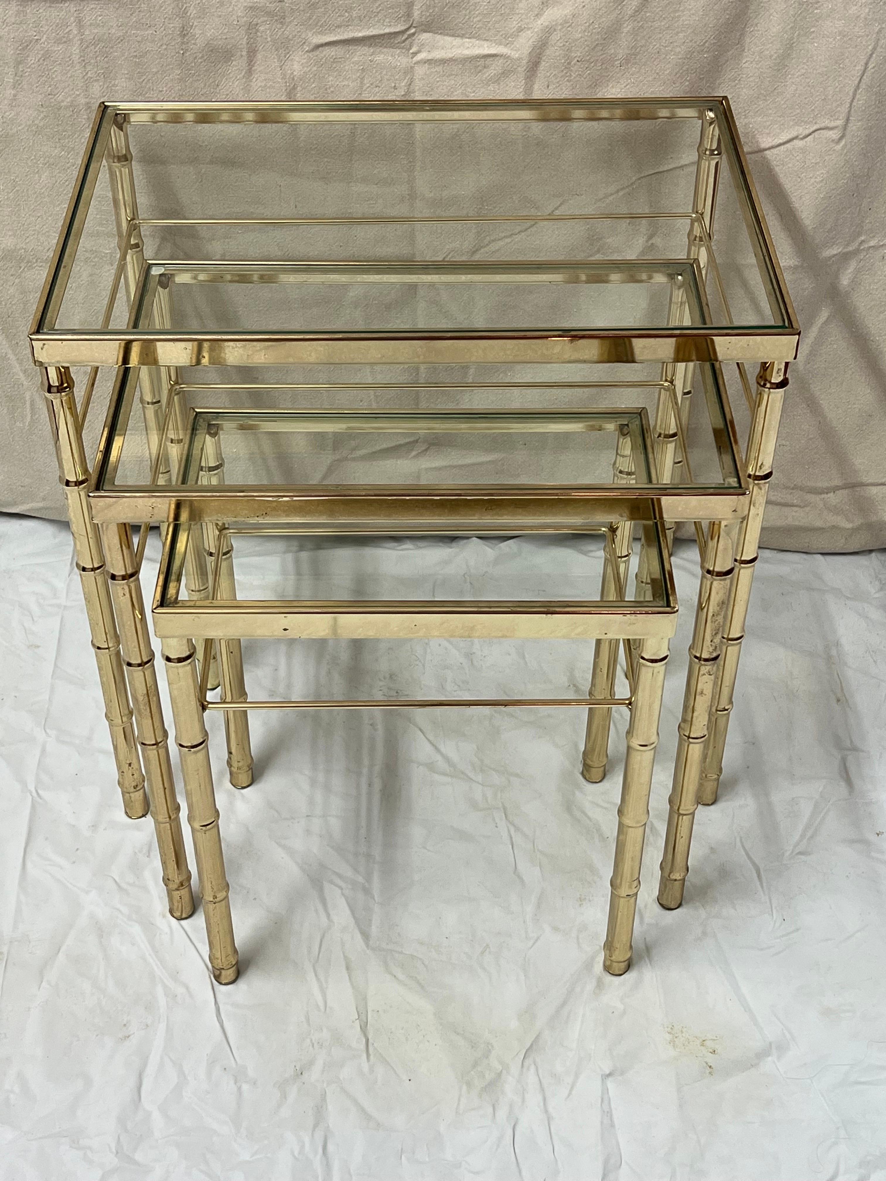 Brass Faux Bamboo Nesting Table Set For Sale 1