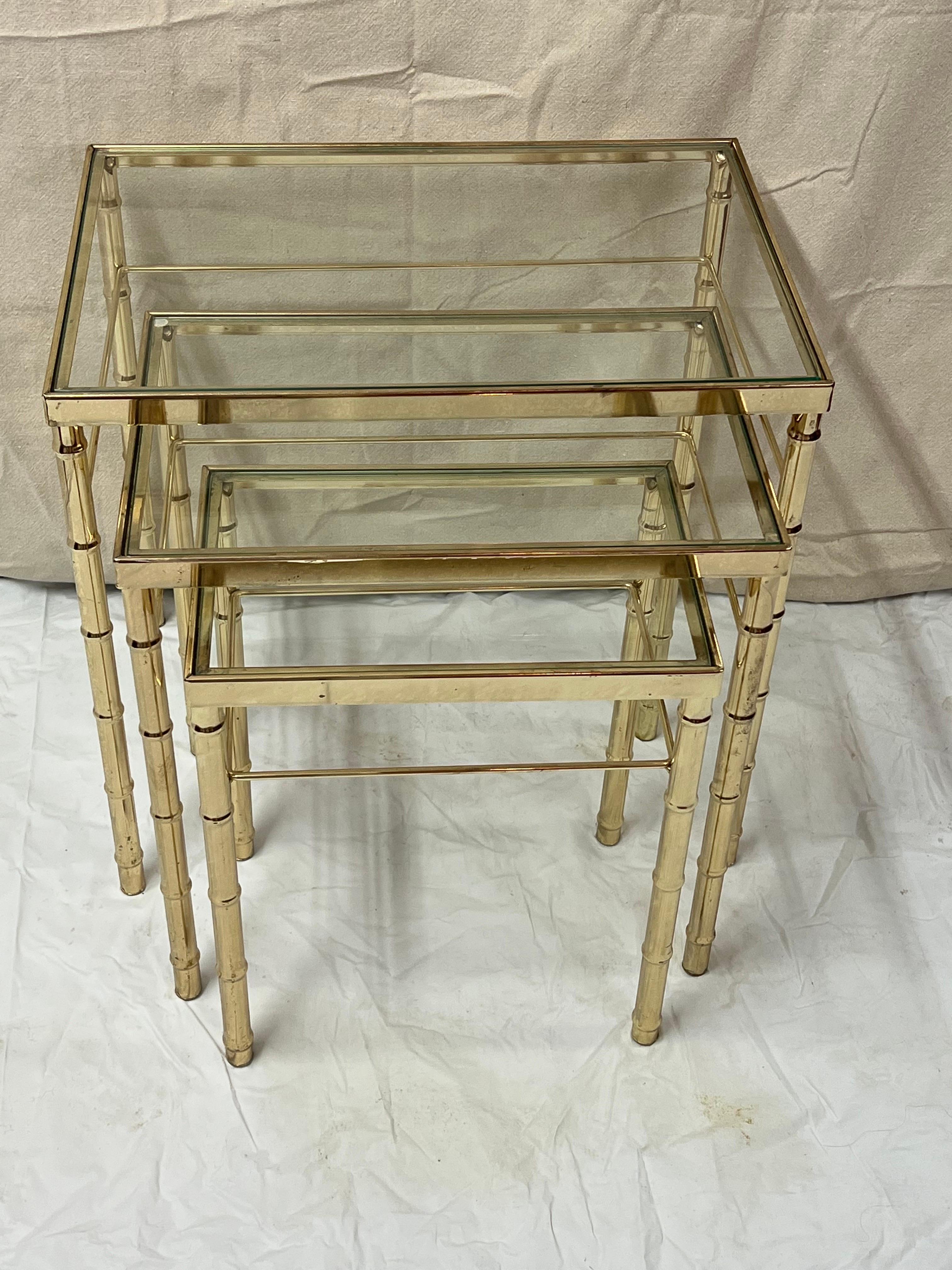 Brass Faux Bamboo Nesting Table Set For Sale 3