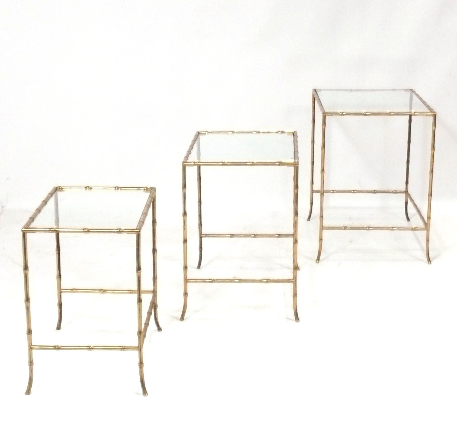 French Brass Faux Bamboo Nesting Tables attributed to Maison Bagues  For Sale