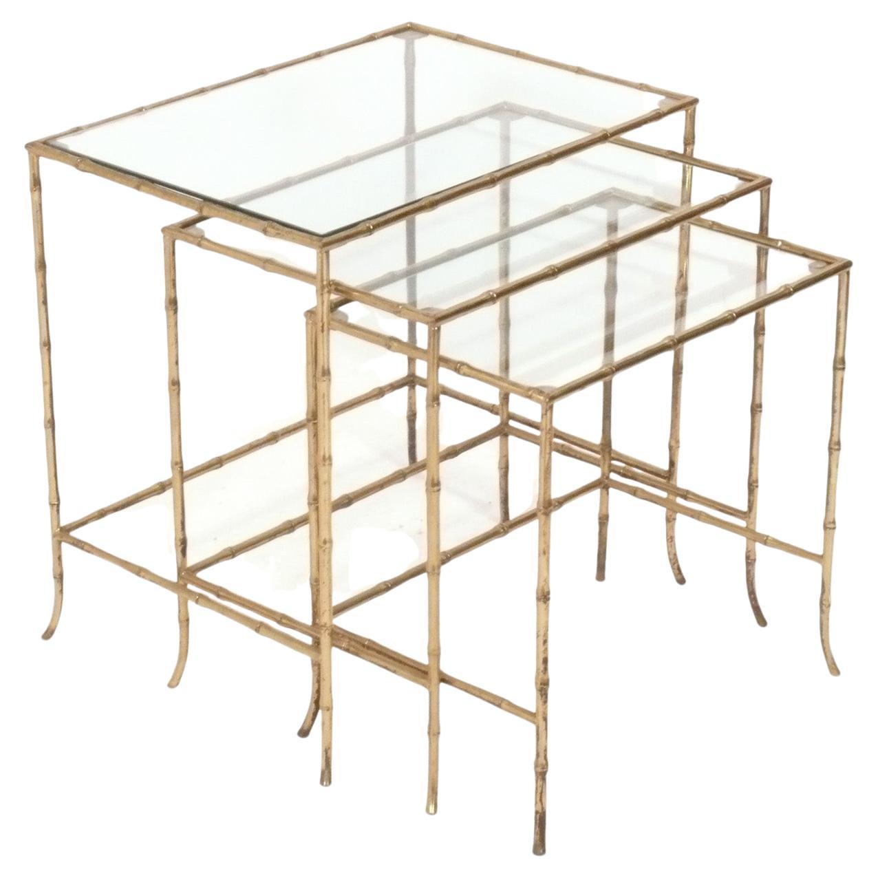 Brass Faux Bamboo Nesting Tables attributed to Maison Bagues  For Sale