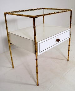 Brass Faux Bamboo Side Table w/ Custom Drawer, France c 1950s