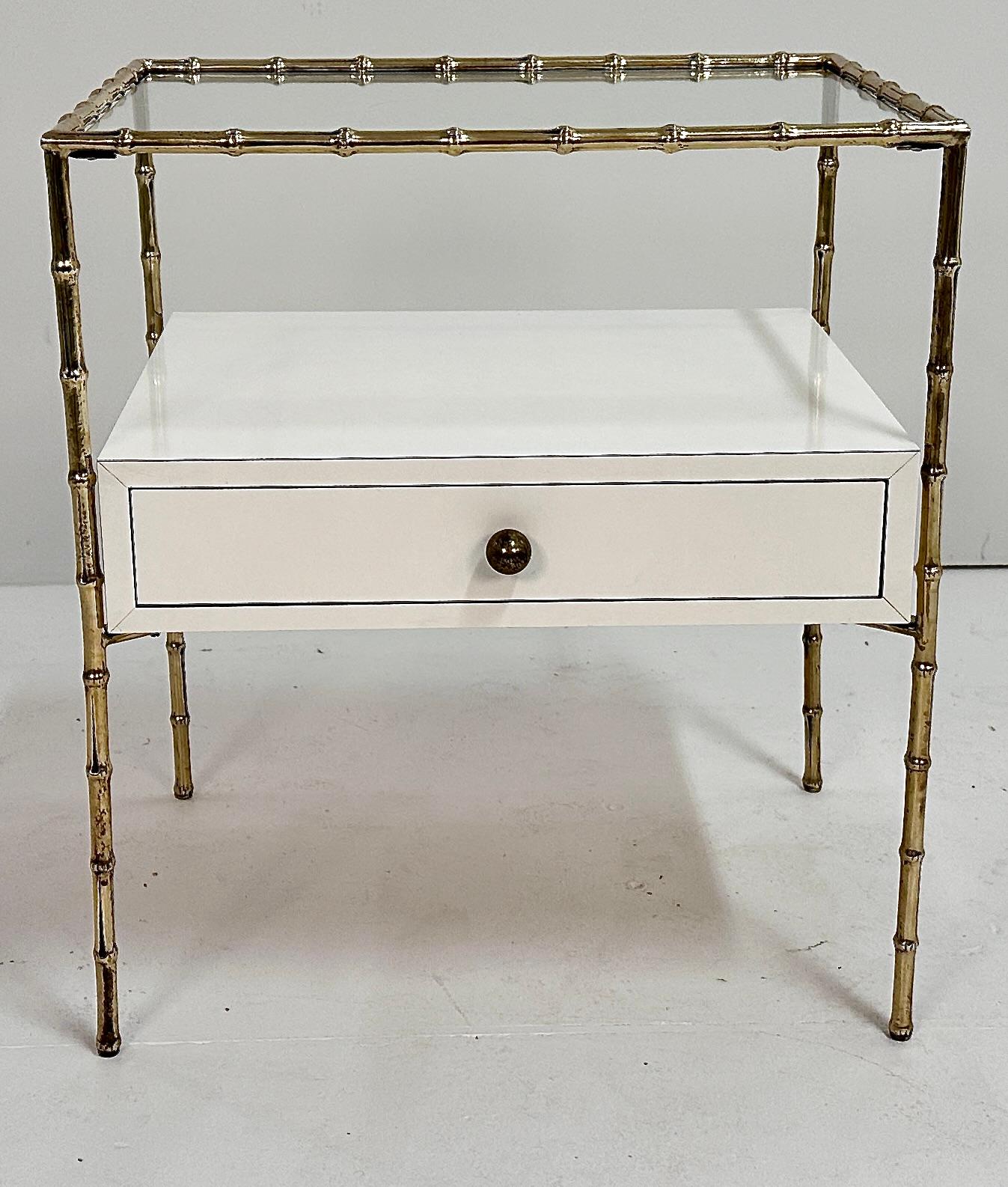 Hollywood Regency Brass Faux Bamboo Side Table w/ Custom Drawer, France c 1950s For Sale