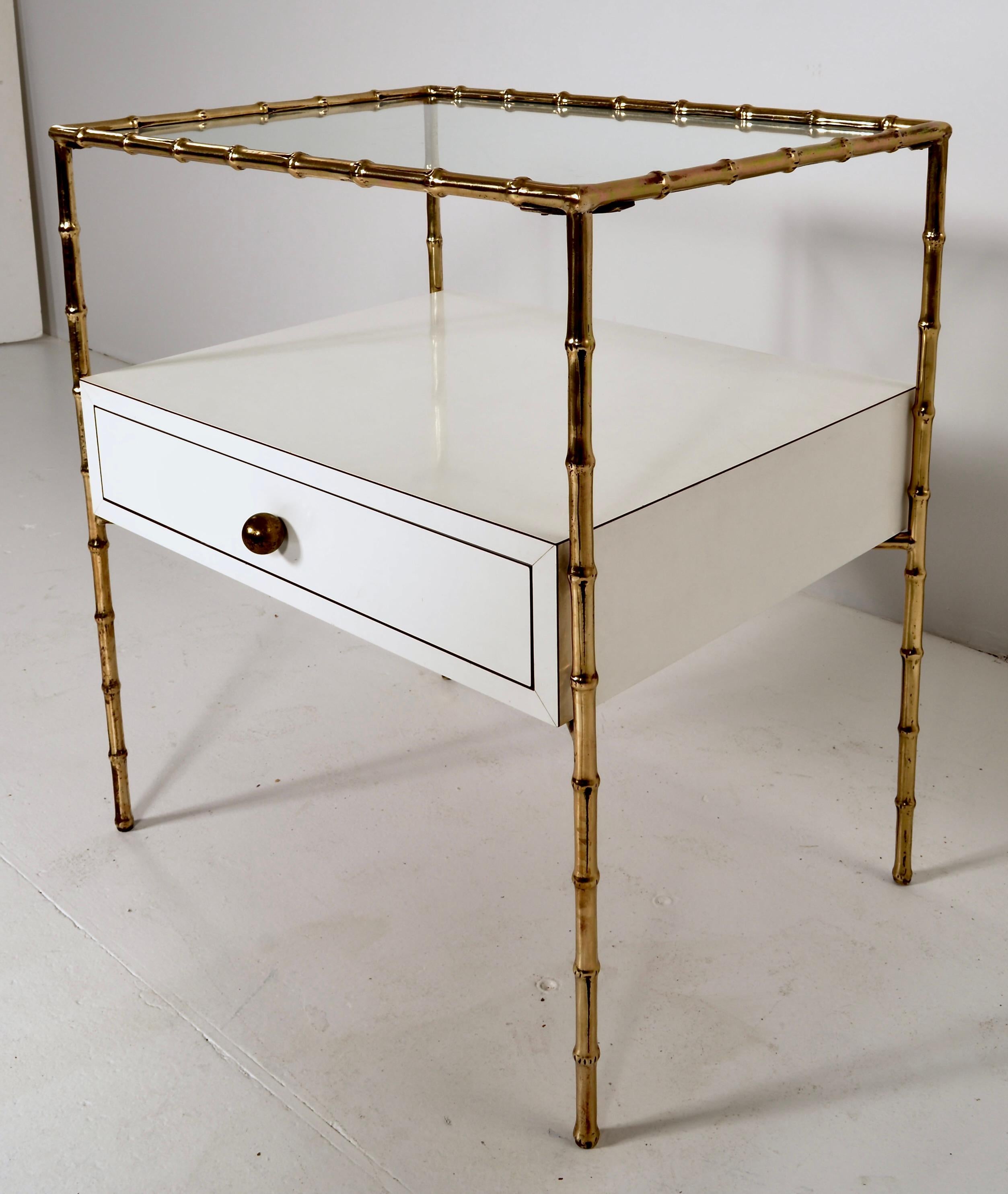 French Brass Faux Bamboo Side Table w/ Custom Drawer, France c 1950s For Sale