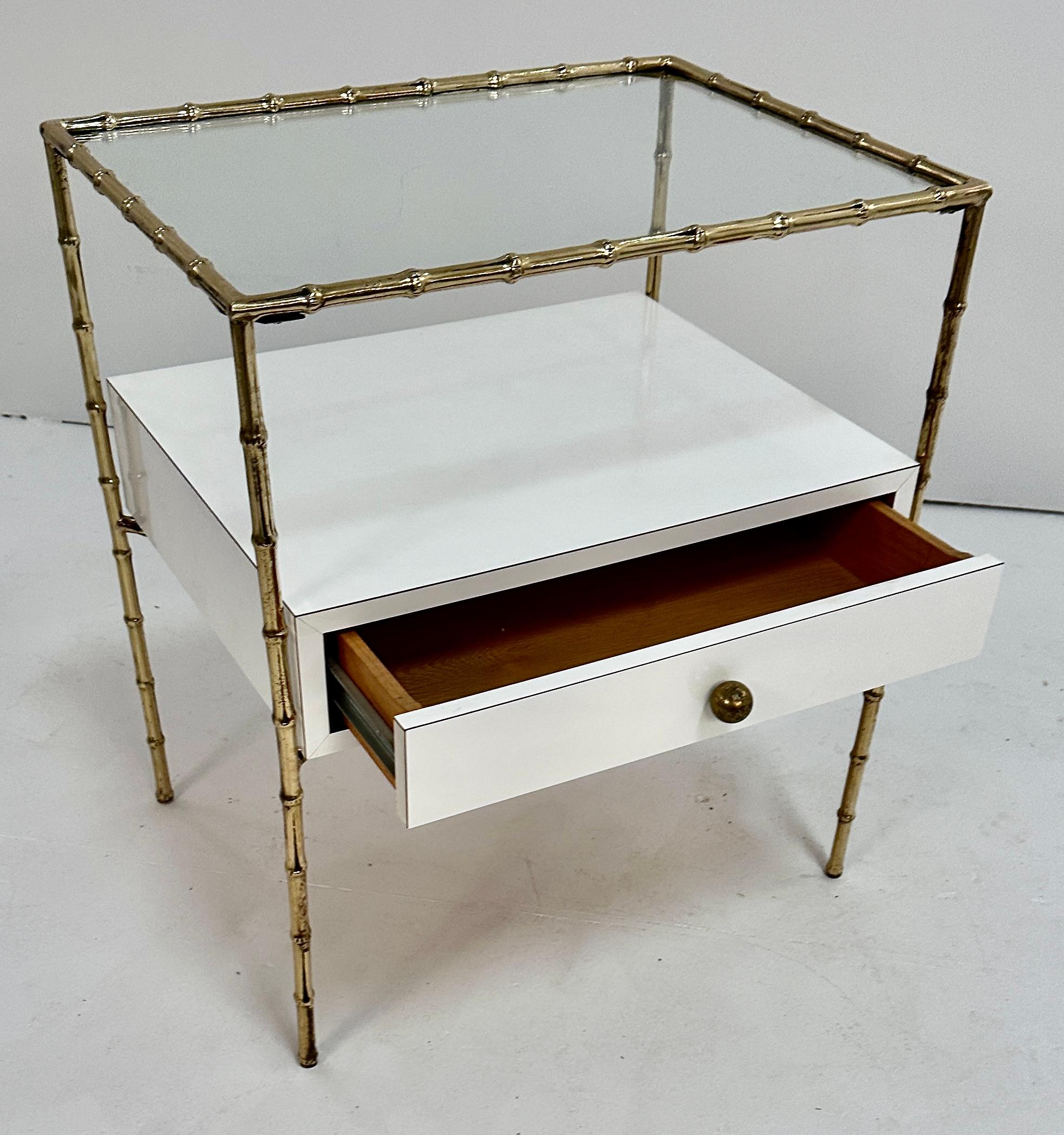 Brass Faux Bamboo Side Table w/ Custom Drawer, France c 1950s In Good Condition For Sale In Norwalk, CT