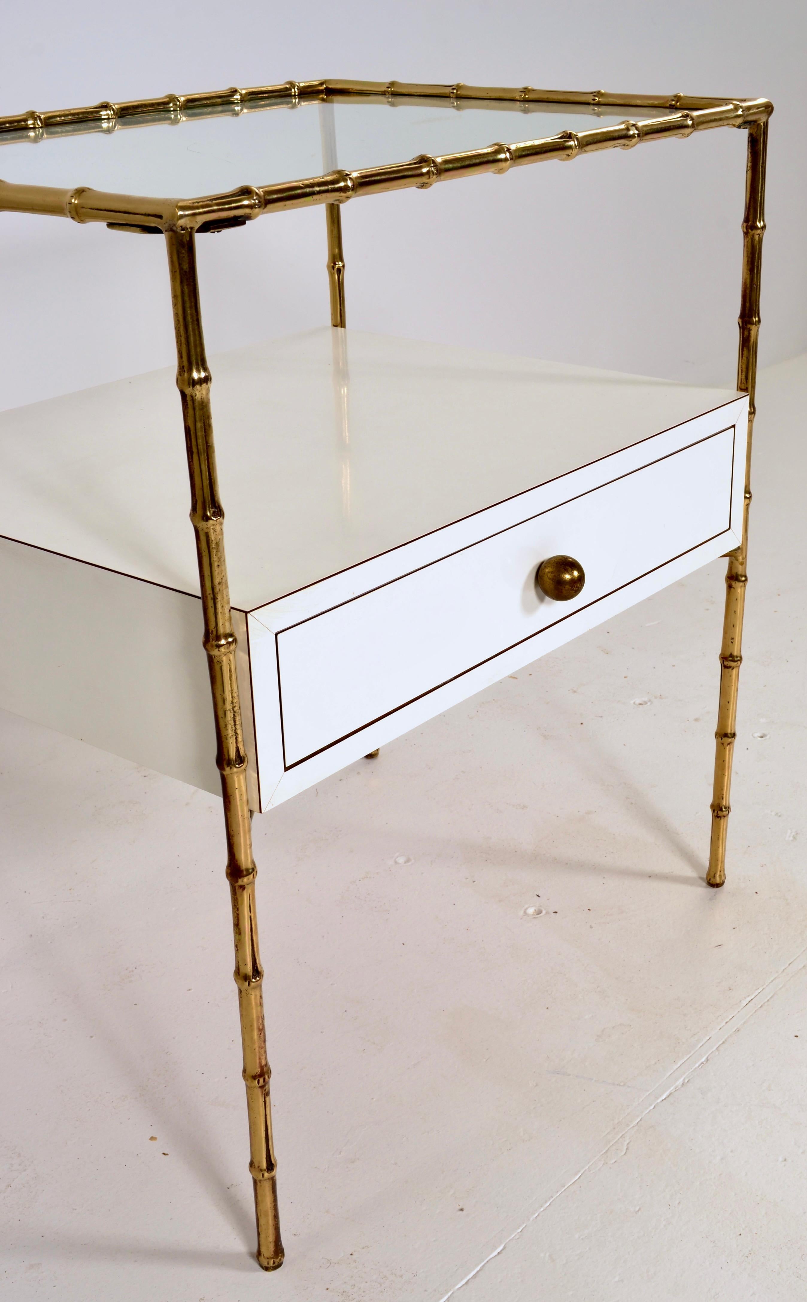 Mid-20th Century Brass Faux Bamboo Side Table w/ Custom Drawer, France c 1950s For Sale