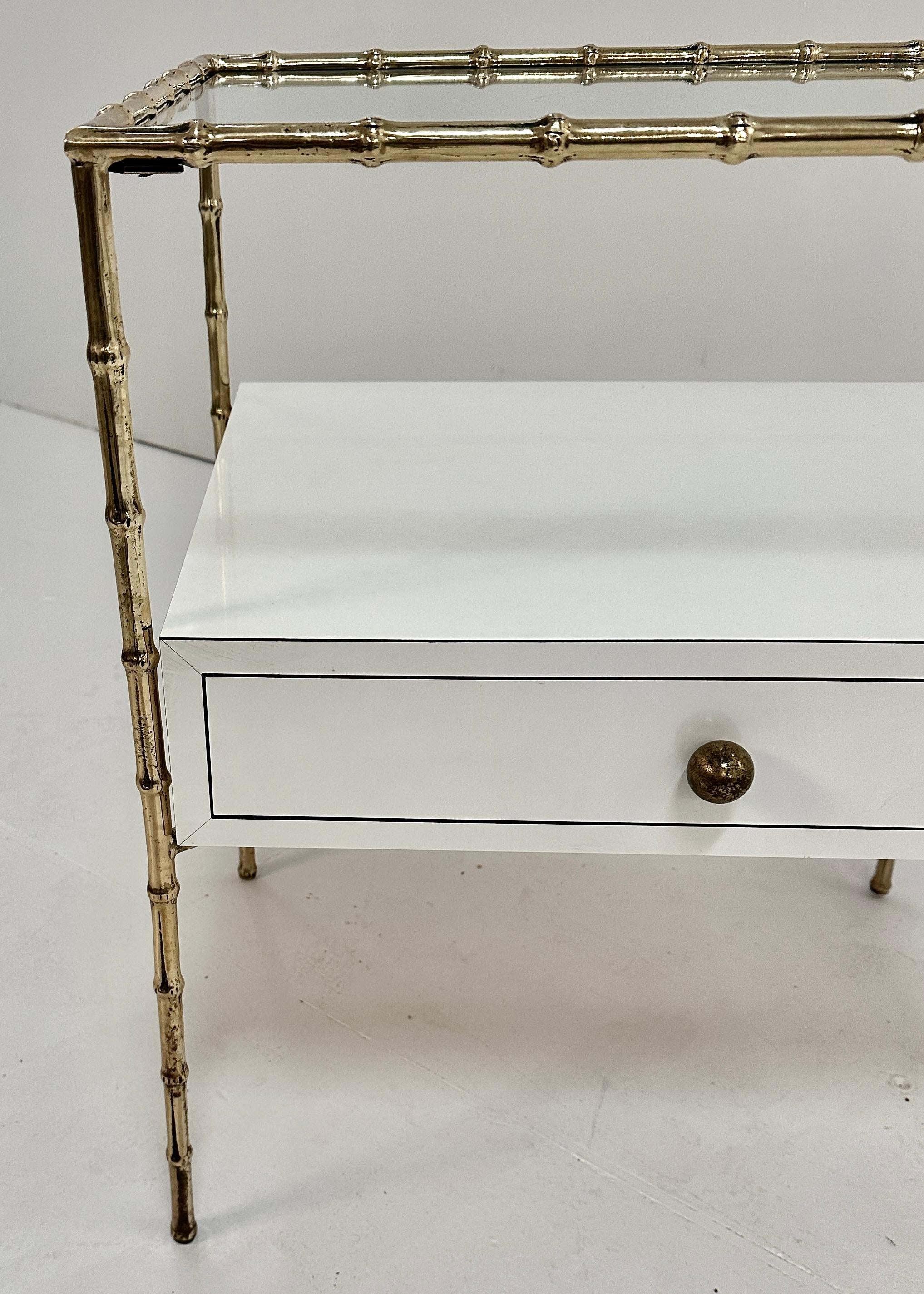 Brass Faux Bamboo Side Table w/ Custom Drawer, France c 1950s For Sale 1