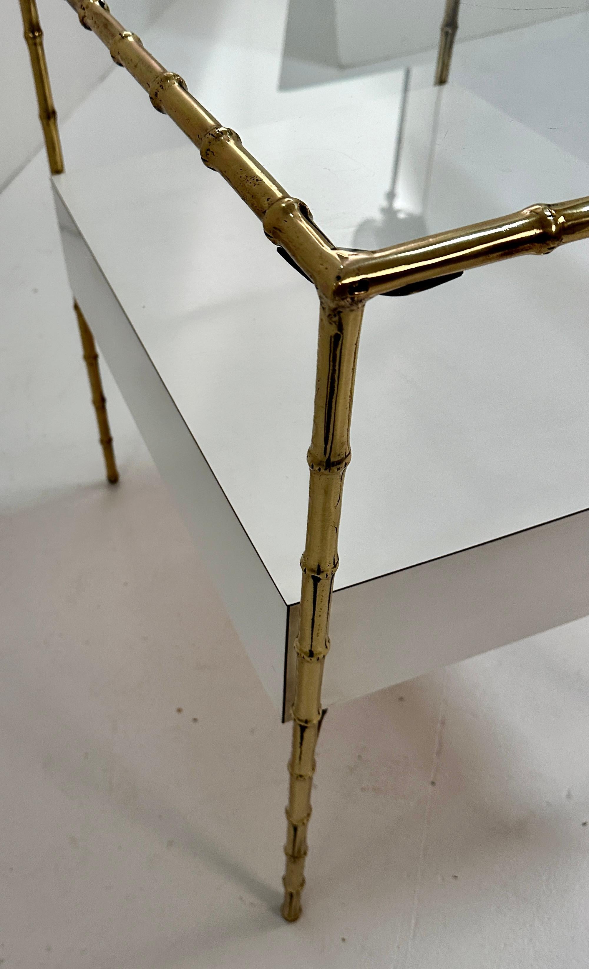 Brass Faux Bamboo Side Table w/ Custom Drawer, France c 1950s For Sale 2
