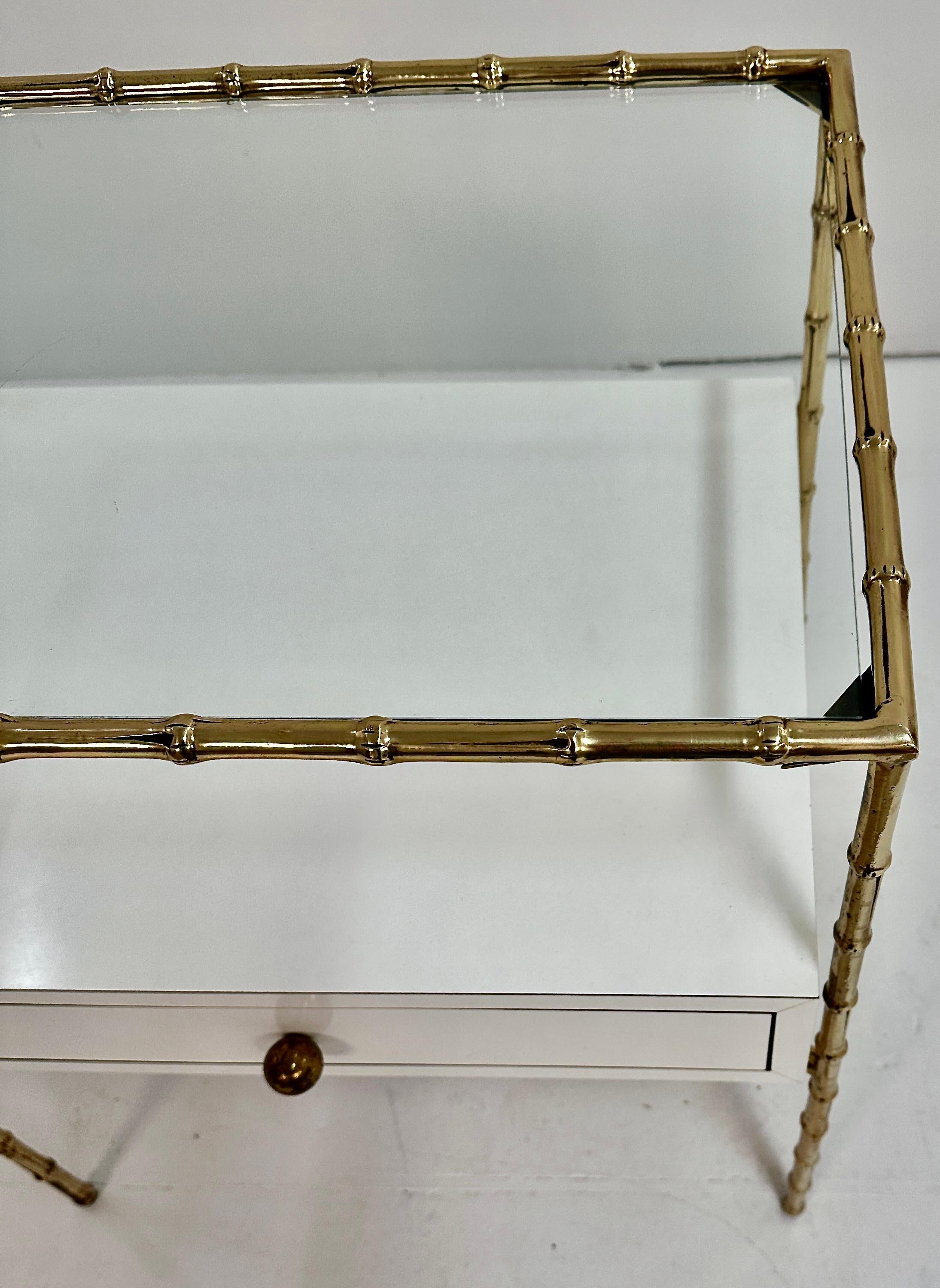 Brass Faux Bamboo Side Table w/ Custom Drawer, France c 1950s For Sale 3