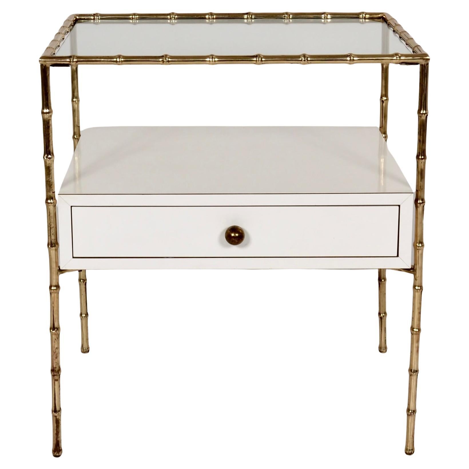 Brass Faux Bamboo Side Table w/ Custom Drawer, France c 1950s For Sale