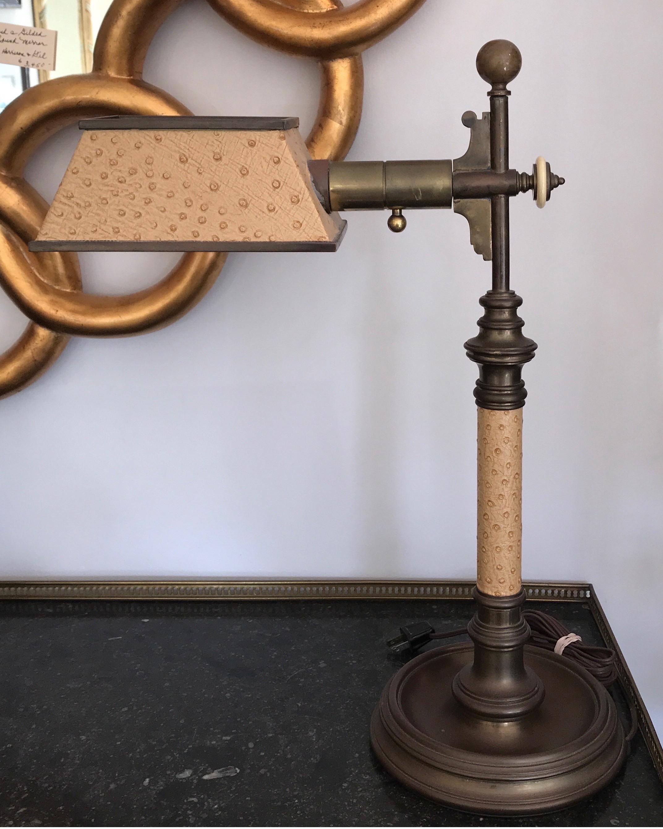 Vintage Chapman desk lamp in brass & faux ostrich skin with beautiful original patina.