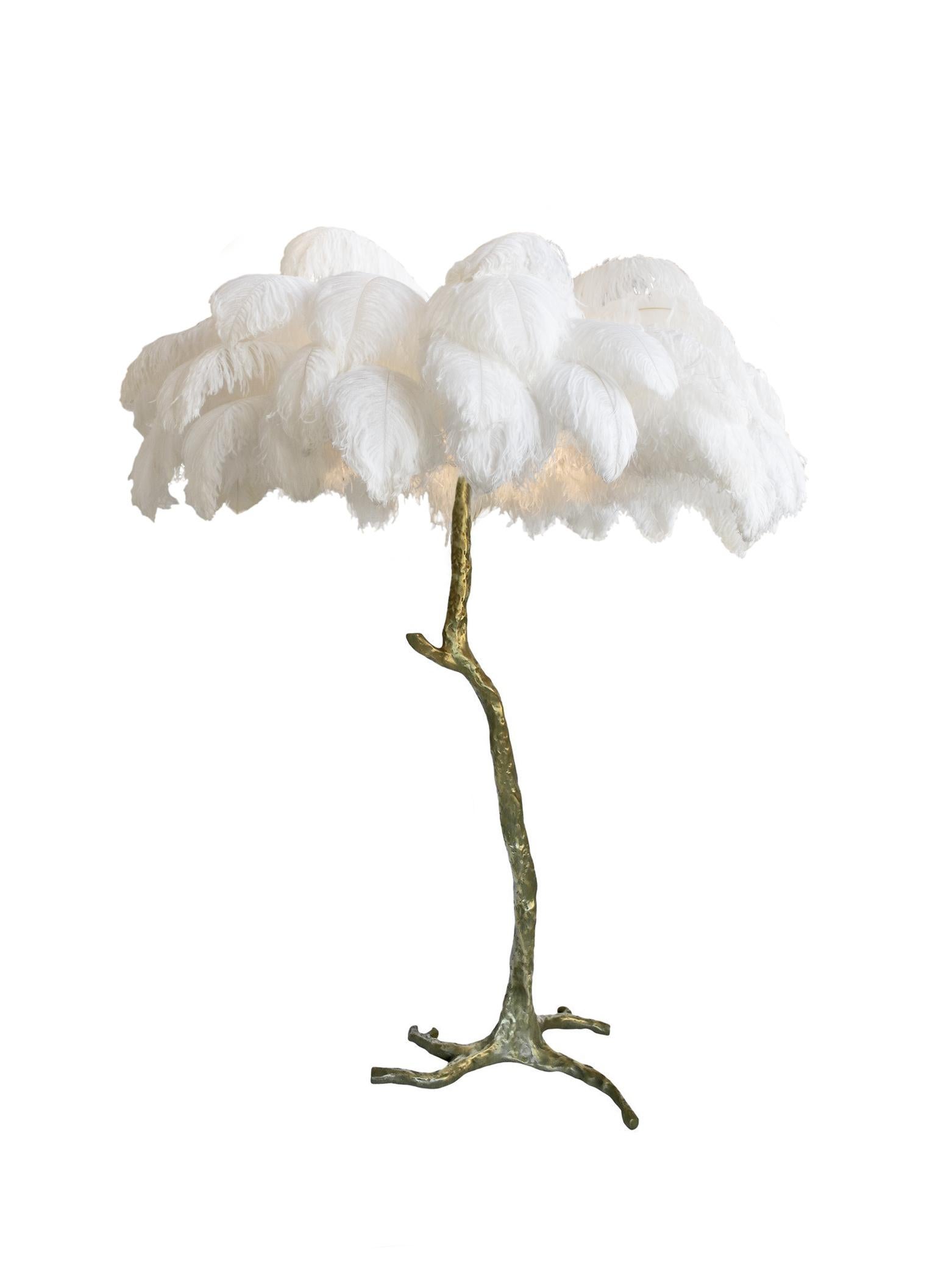 English Brass Feather Floor Lamp, White For Sale