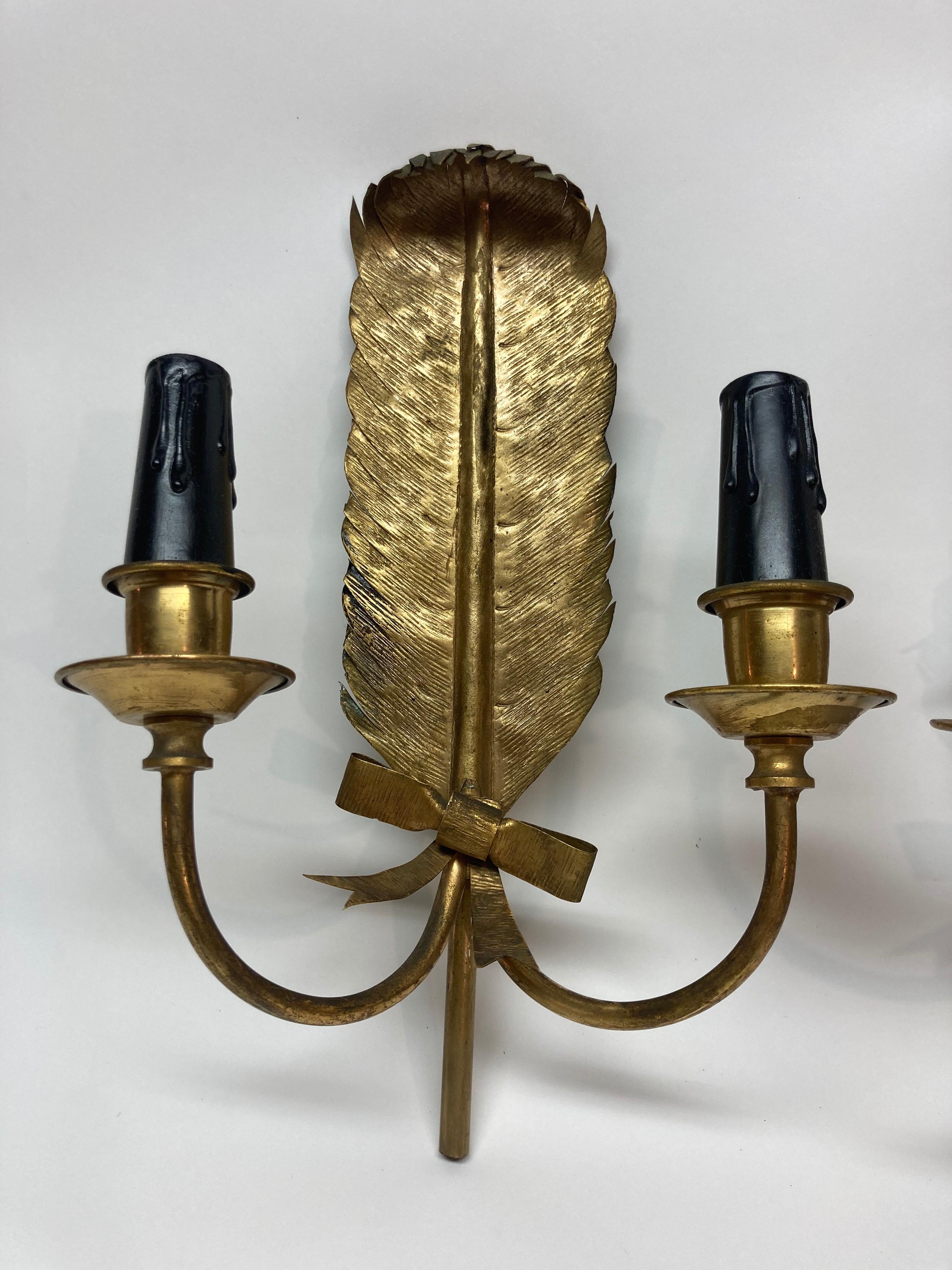 Brass Feather-Shaped Sconces In Good Condition In East Hampton, NY