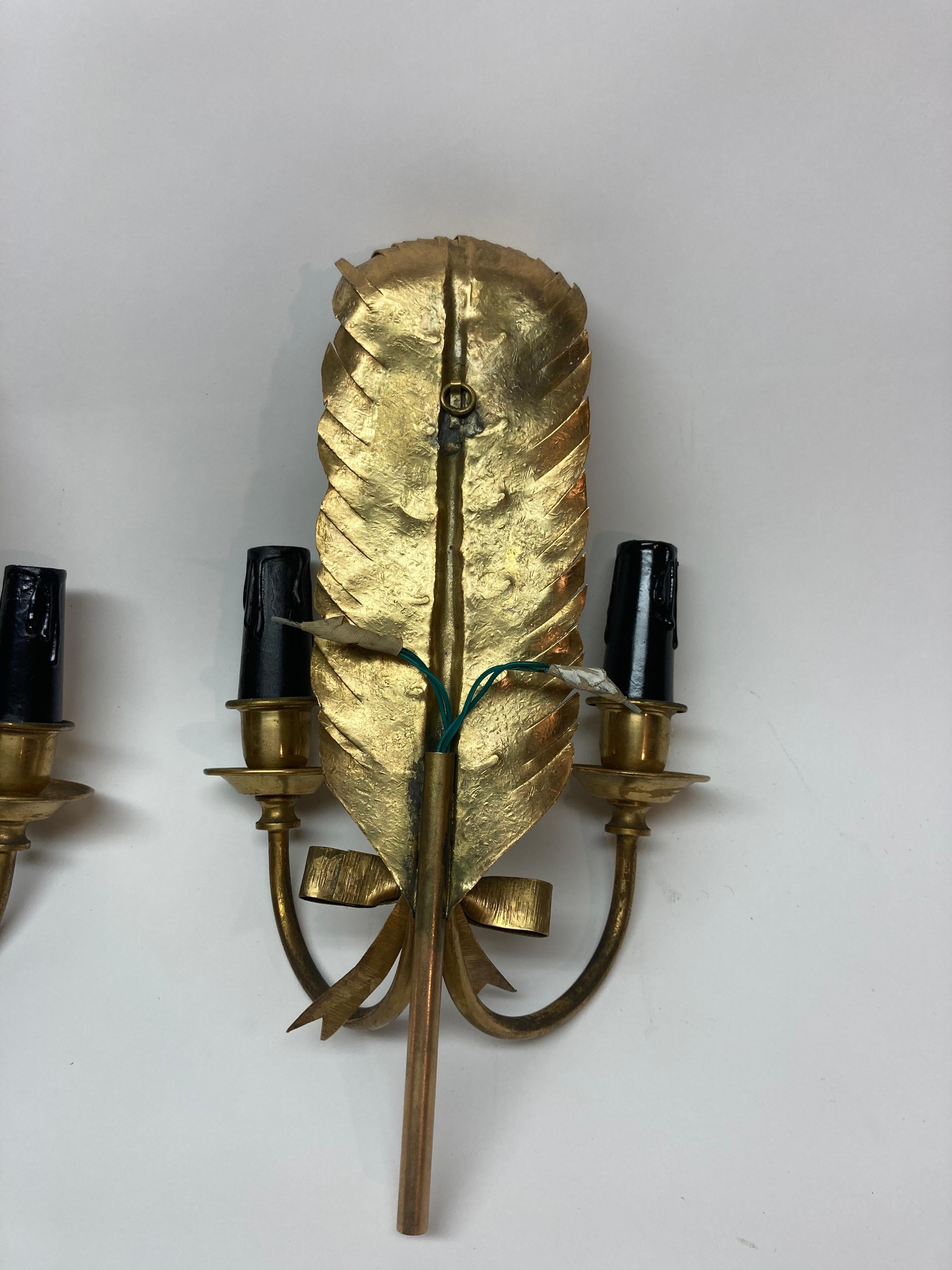 Mid-20th Century Brass Feather-Shaped Sconces