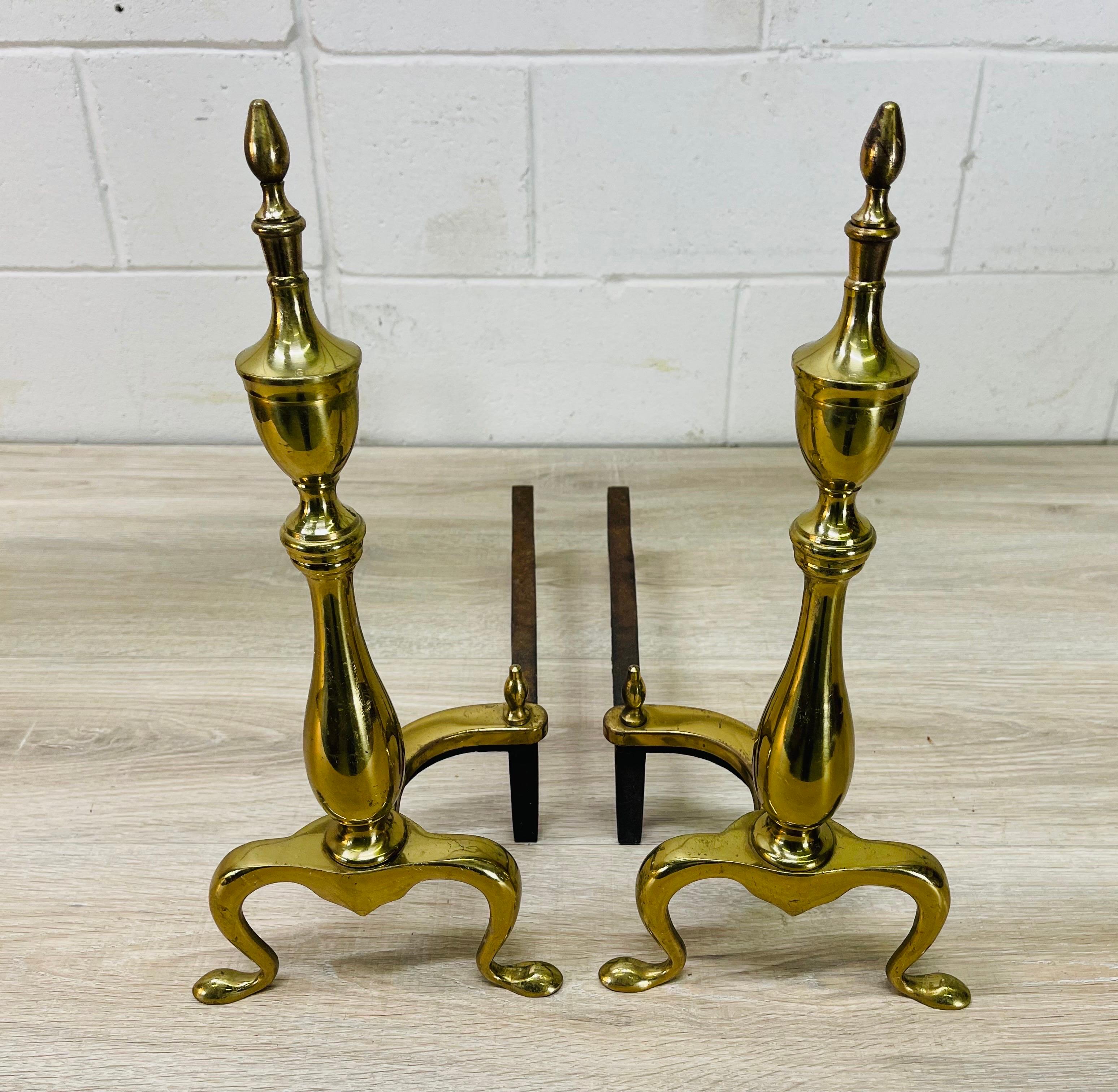 Brass Federal Style Fireplace Andirons, Pair In Good Condition In Amherst, NH