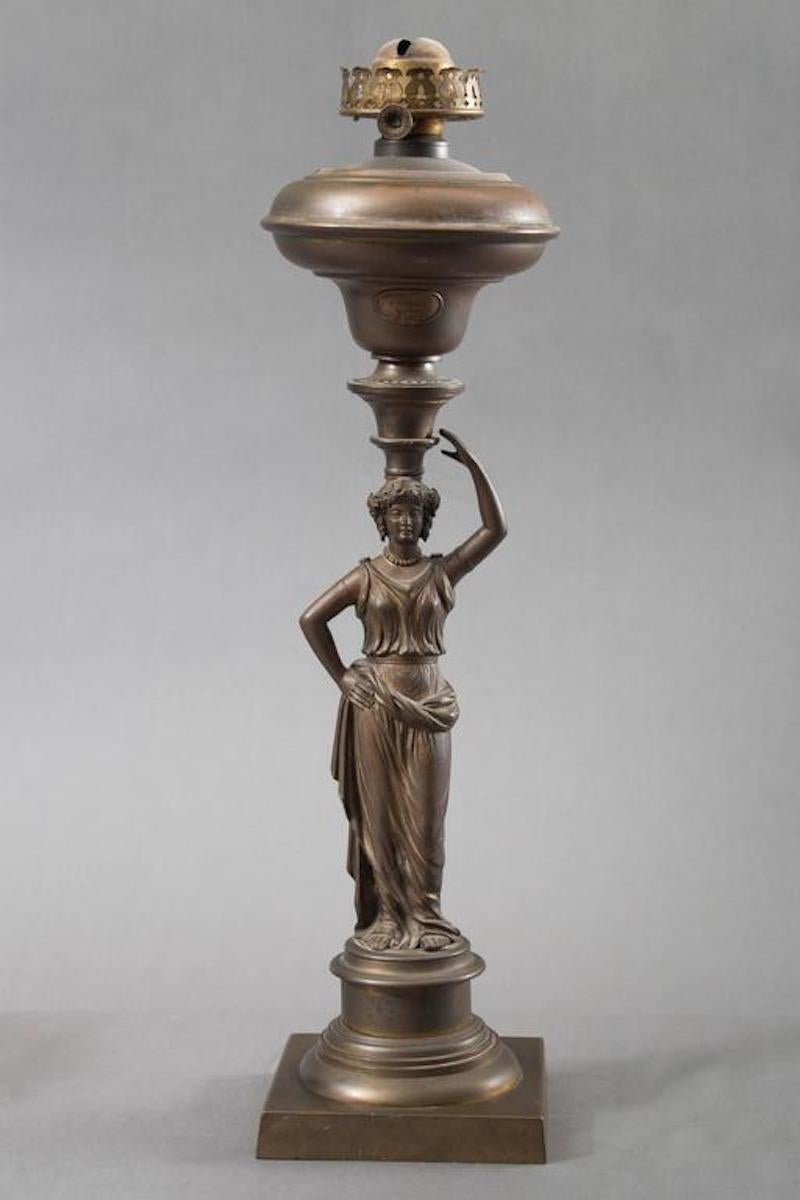 American Brass Figural Solar Lamp with Maiden-Form Standard For Sale