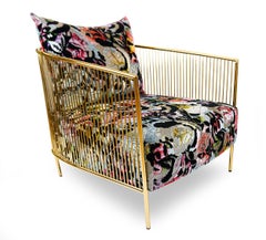Brass Finish Club Chair by The Tailored Home, Modern Cut Velvet Design