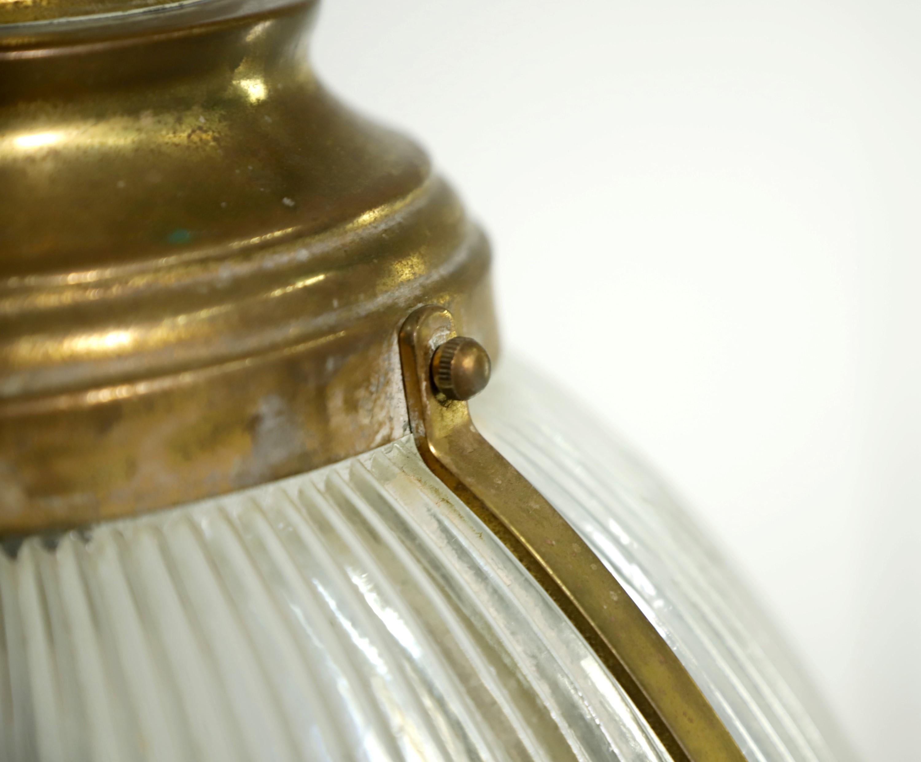 Industrial Brass Finish Holophane Glass Pendant Light Brass w Ribbing For Sale