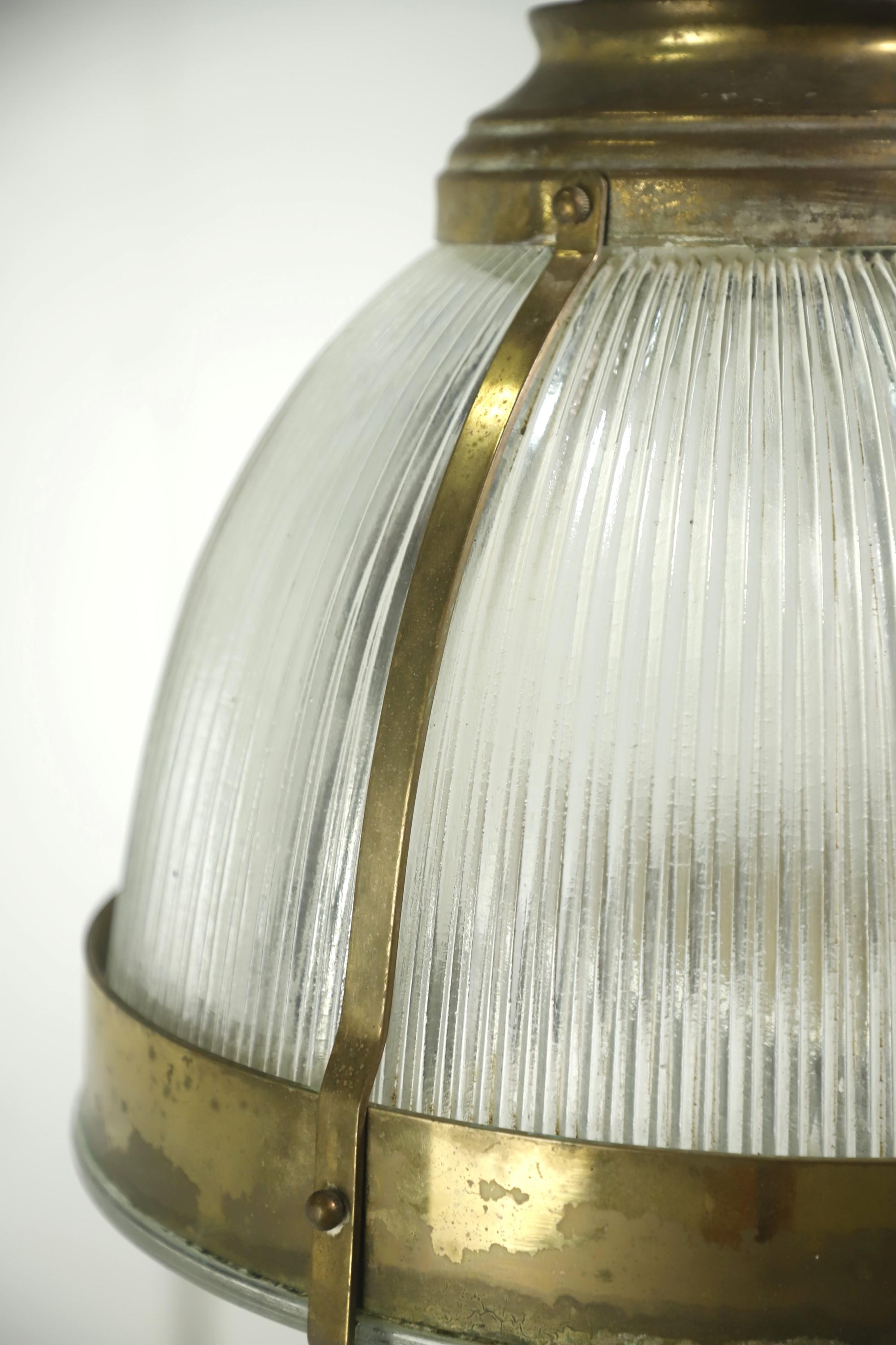 Brass Finish Holophane Glass Pendant Light Brass w Ribbing In Good Condition For Sale In New York, NY
