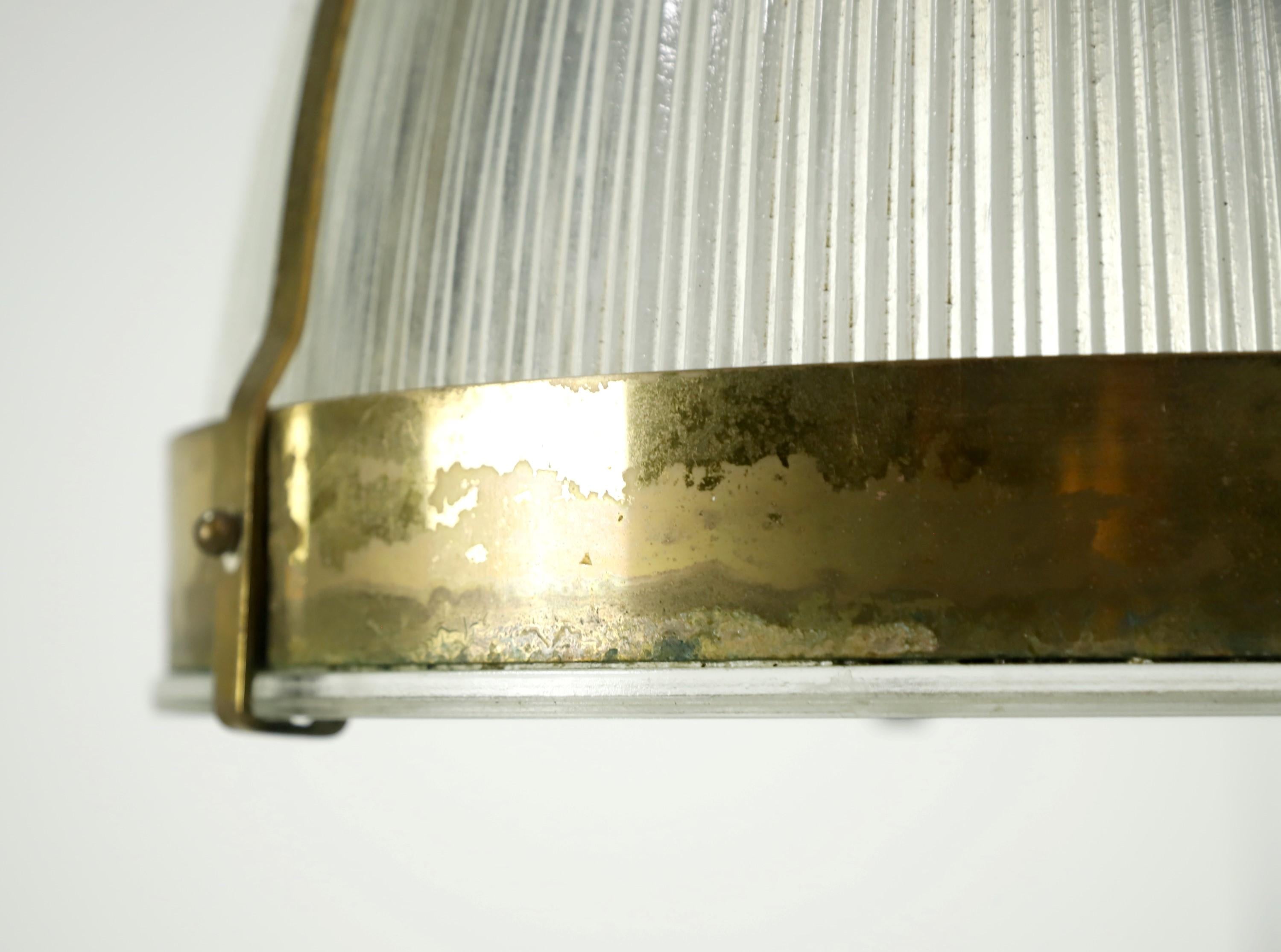 20th Century Brass Finish Holophane Glass Pendant Light Brass w Ribbing For Sale