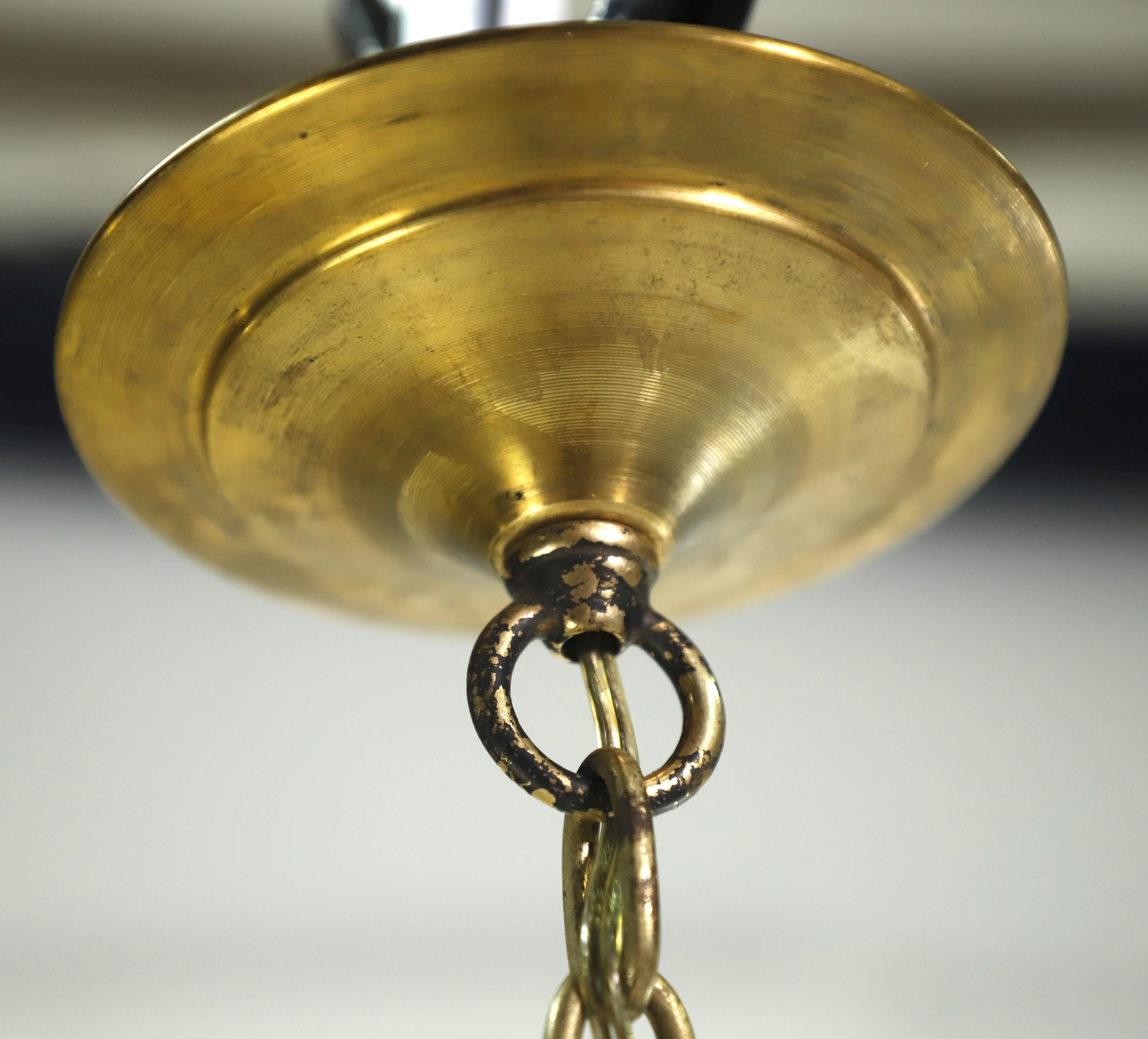 Brass Finish Holophane Glass Pendant Light Brass w Ribbing For Sale 3