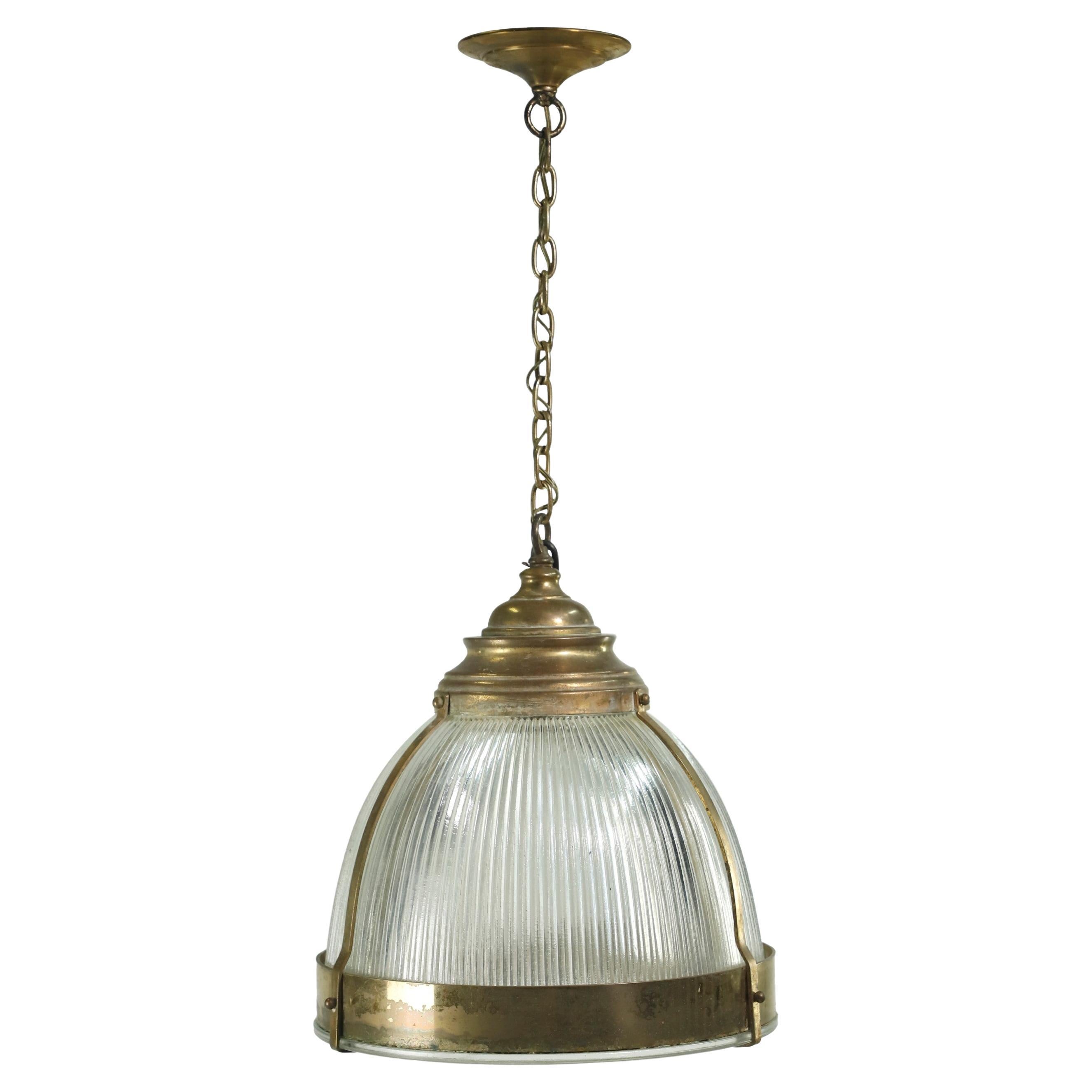 Brass Finish Holophane Glass Pendant Light Brass w Ribbing For Sale