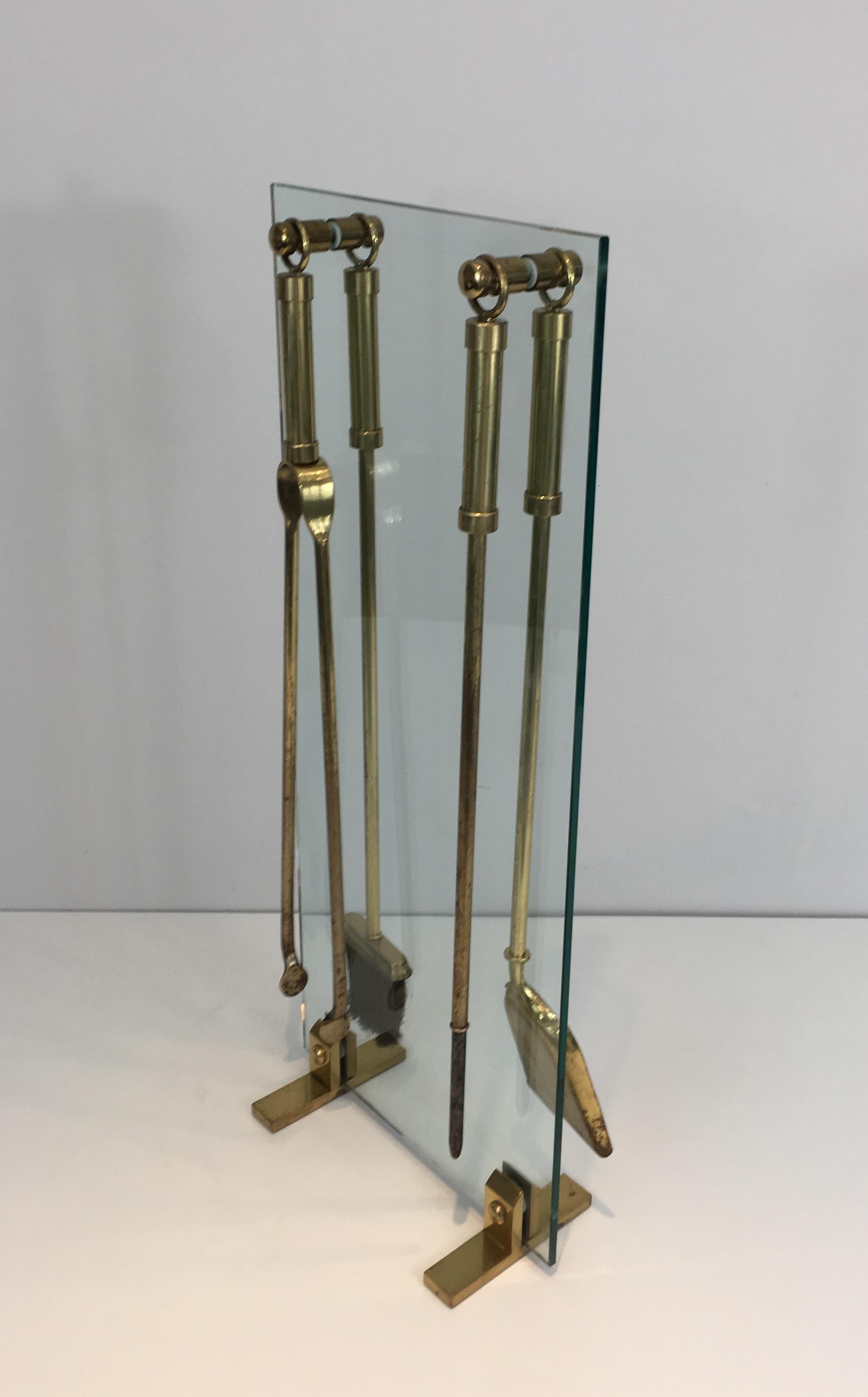 Brass Fire Place Tools on Glass and Brass Stand 7