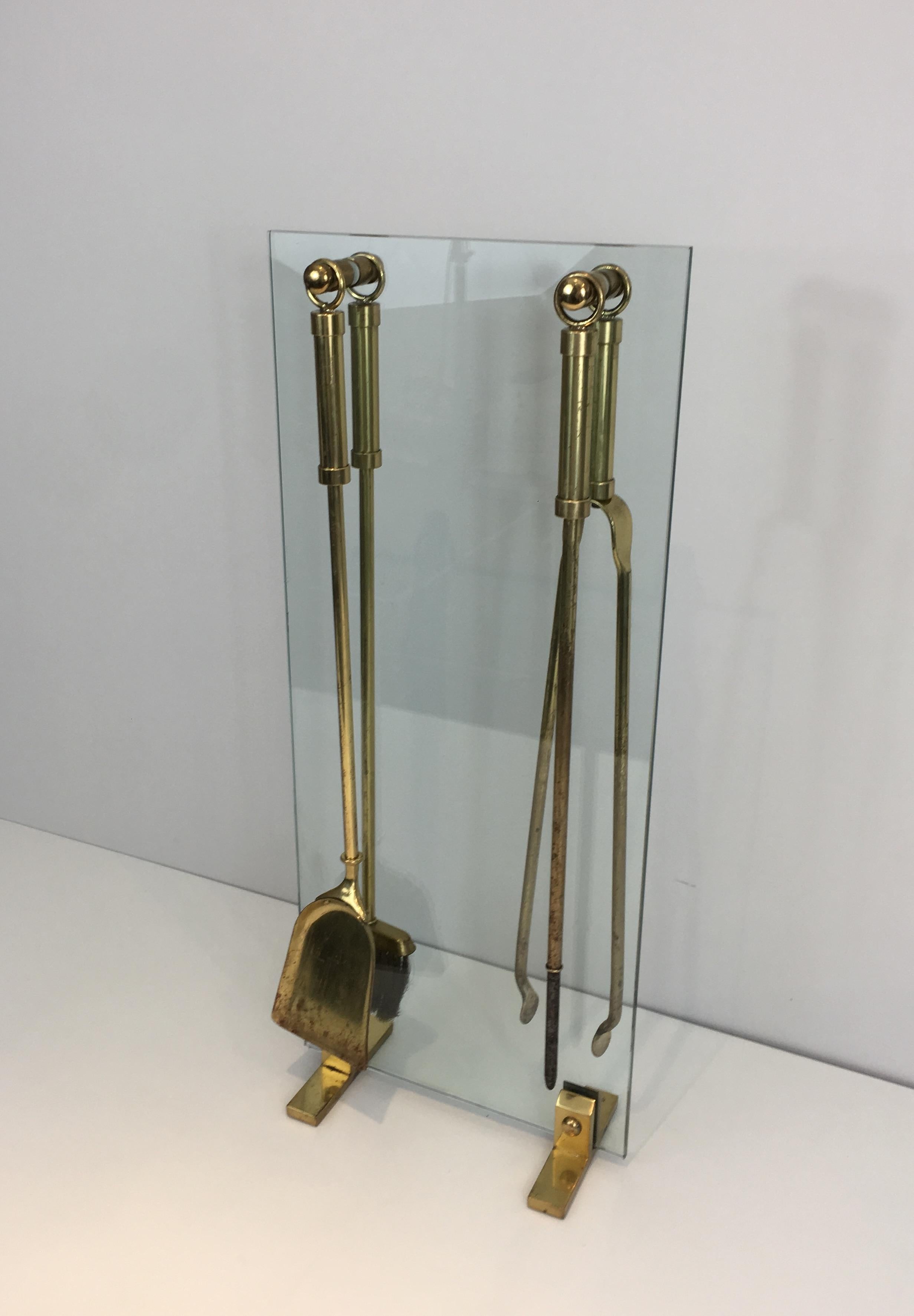 Brass Fire Place Tools on Glass and Brass Stand 8