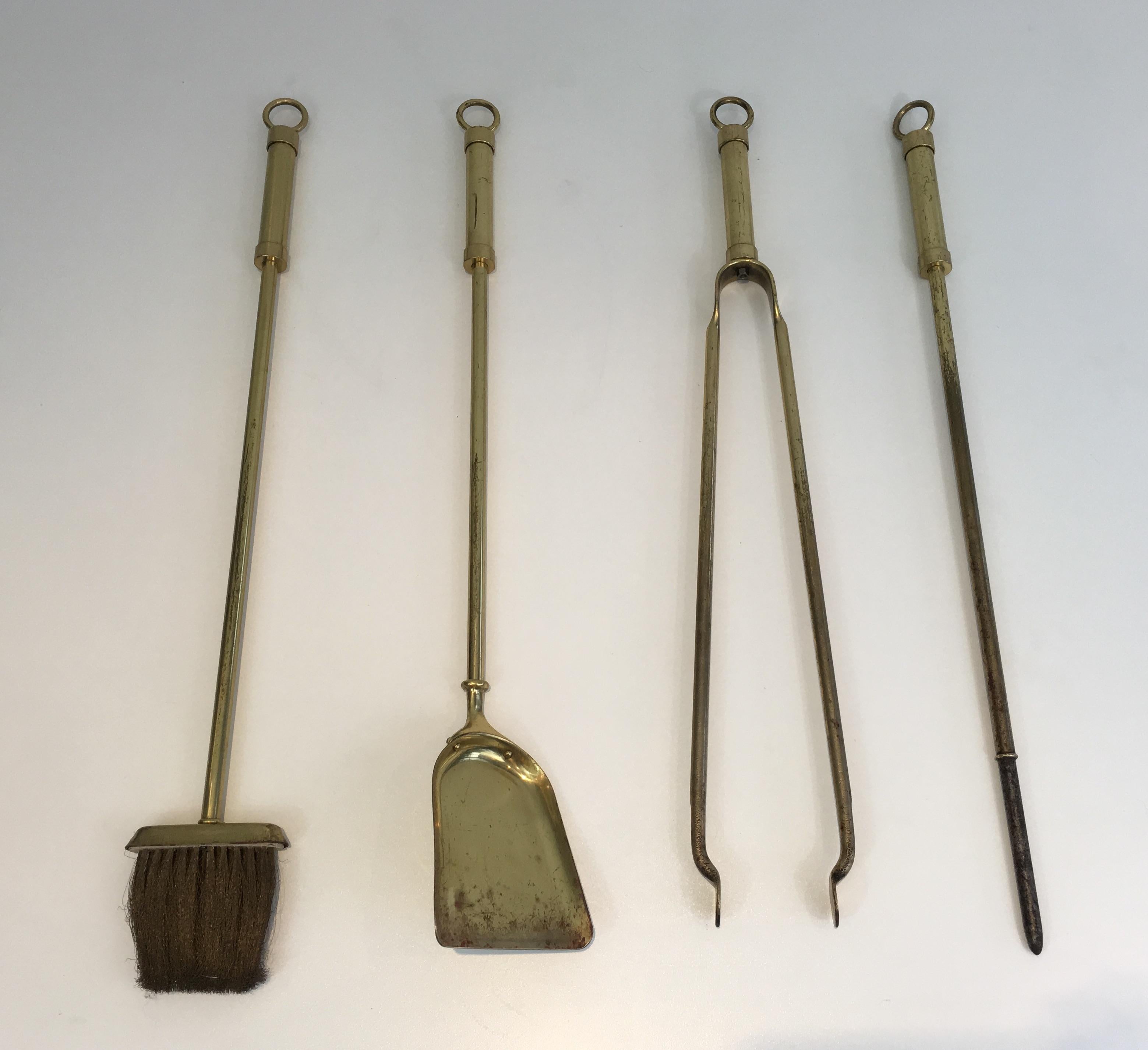 Late 20th Century Brass Fire Place Tools on Glass and Brass Stand