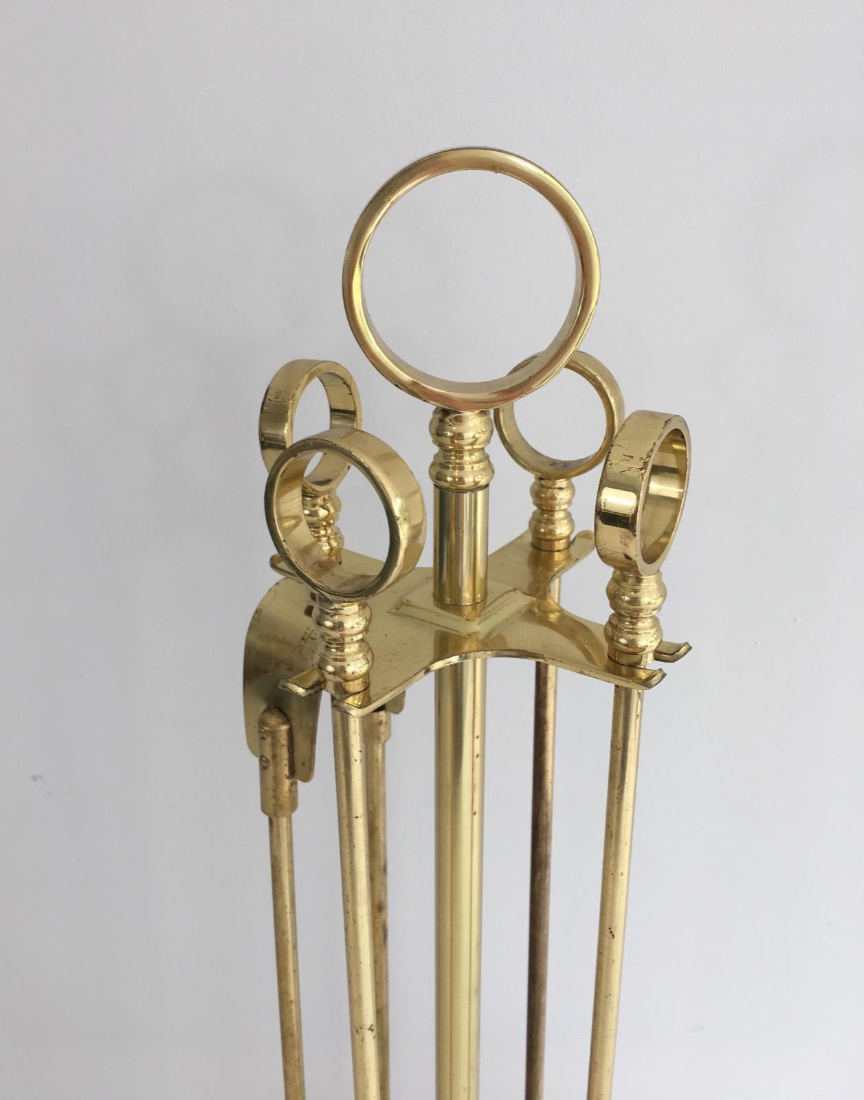 French Brass Fire Place Tools on Stand, circa 1970