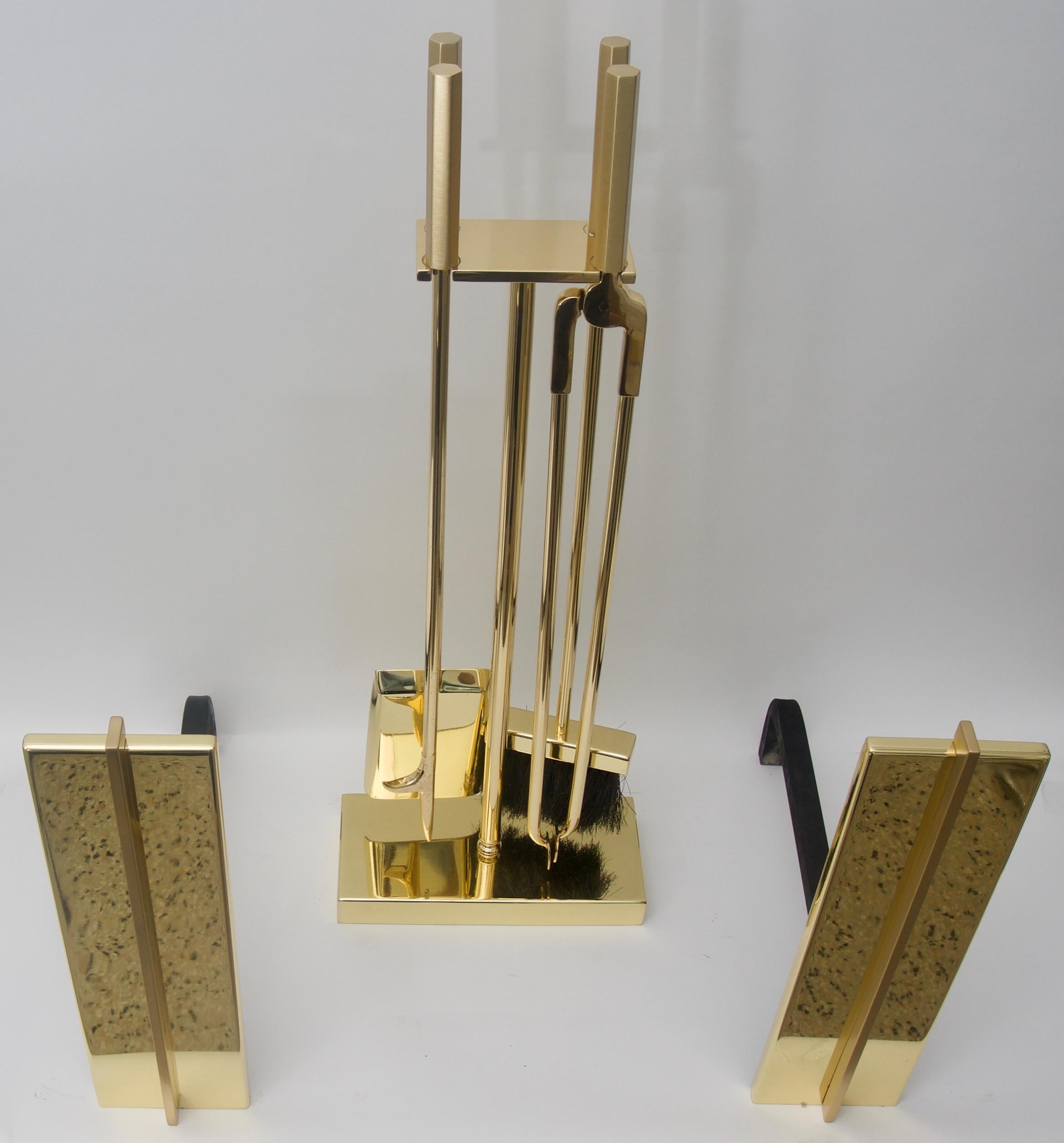Brass Fire Tools and Andirons In Good Condition In West Palm Beach, FL