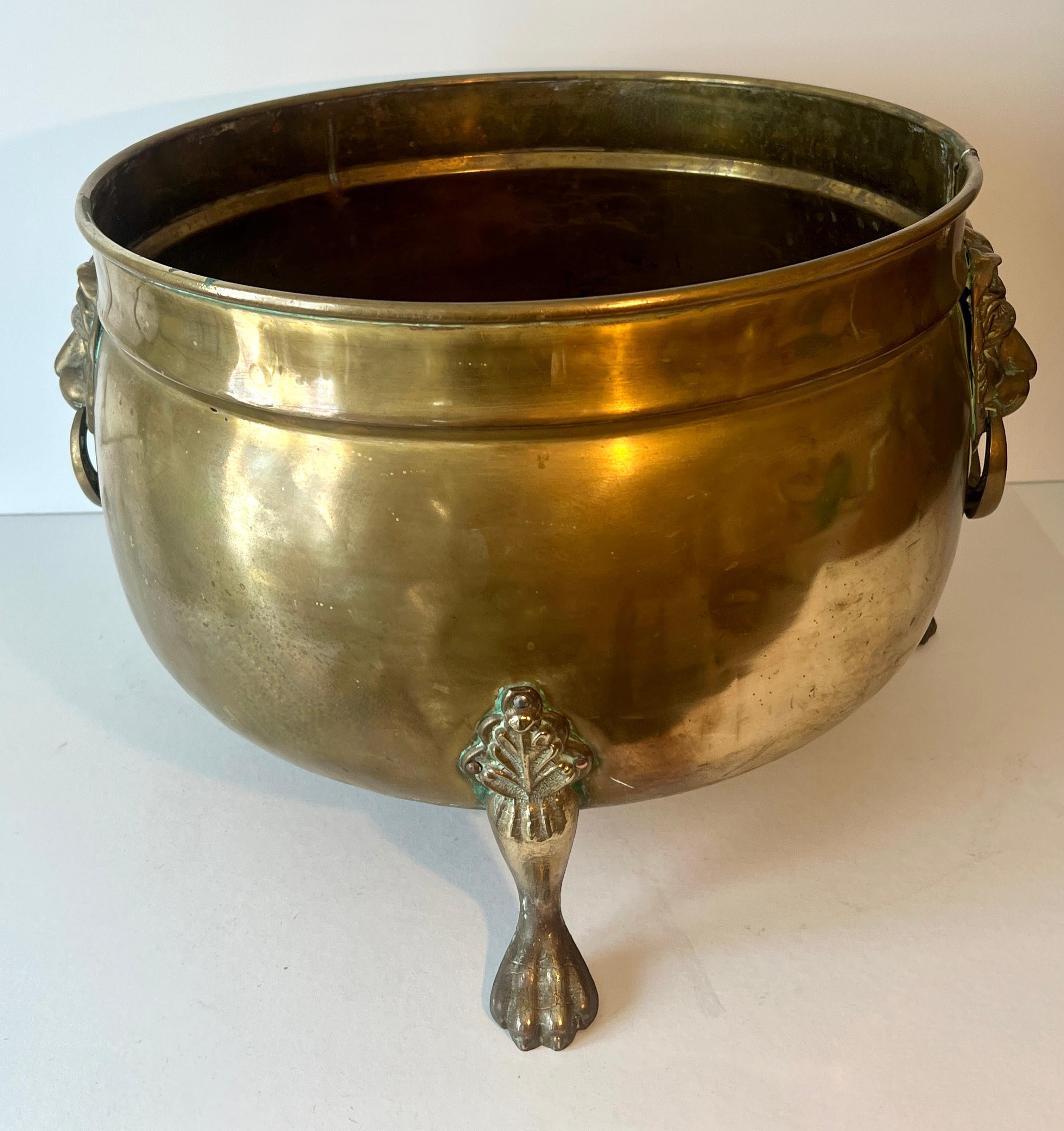Brass Fireplace Pot or Planter with Lion and Ring Handles For Sale 4