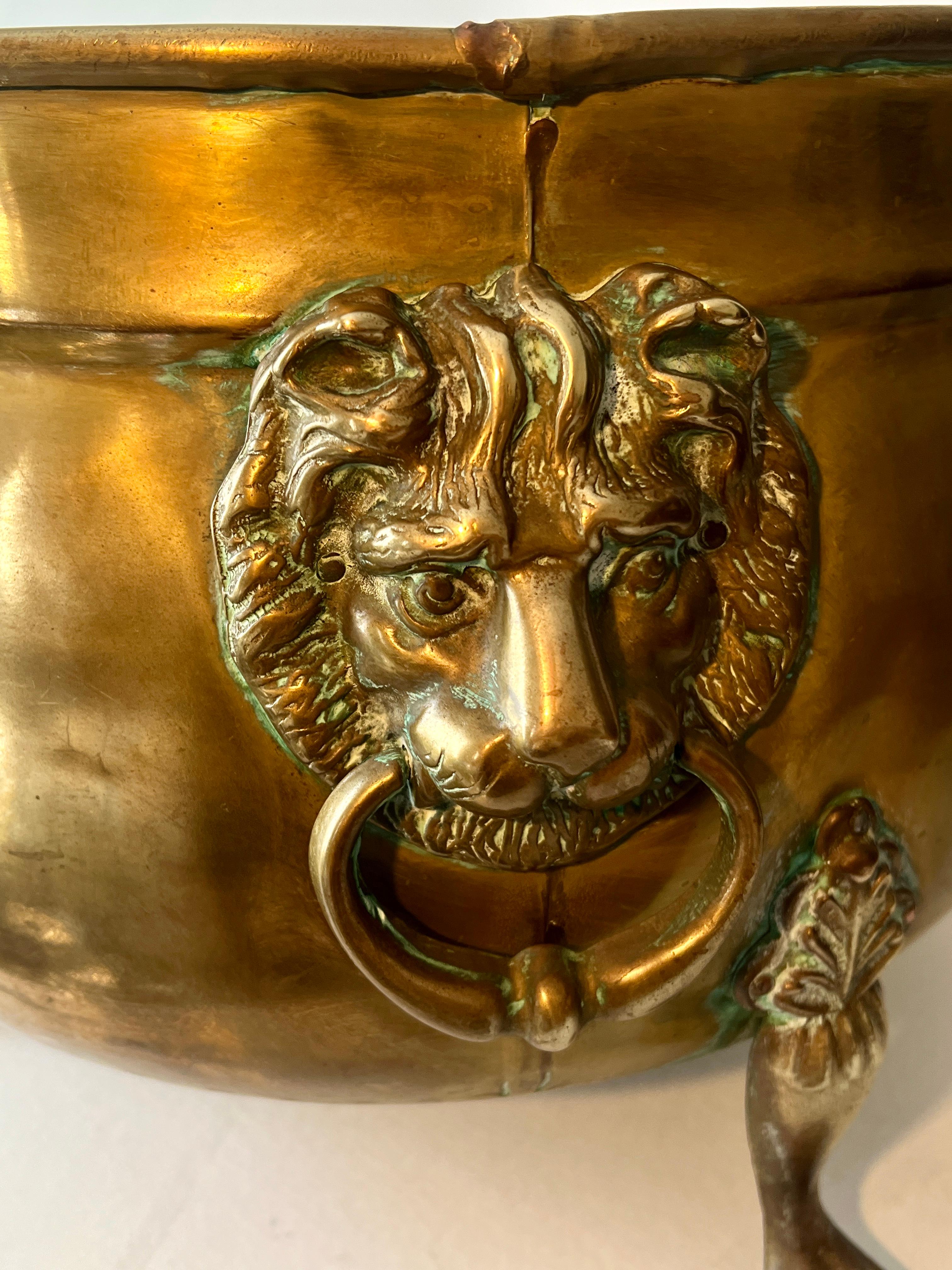 20th Century Brass Fireplace Pot or Planter with Lion and Ring Handles For Sale
