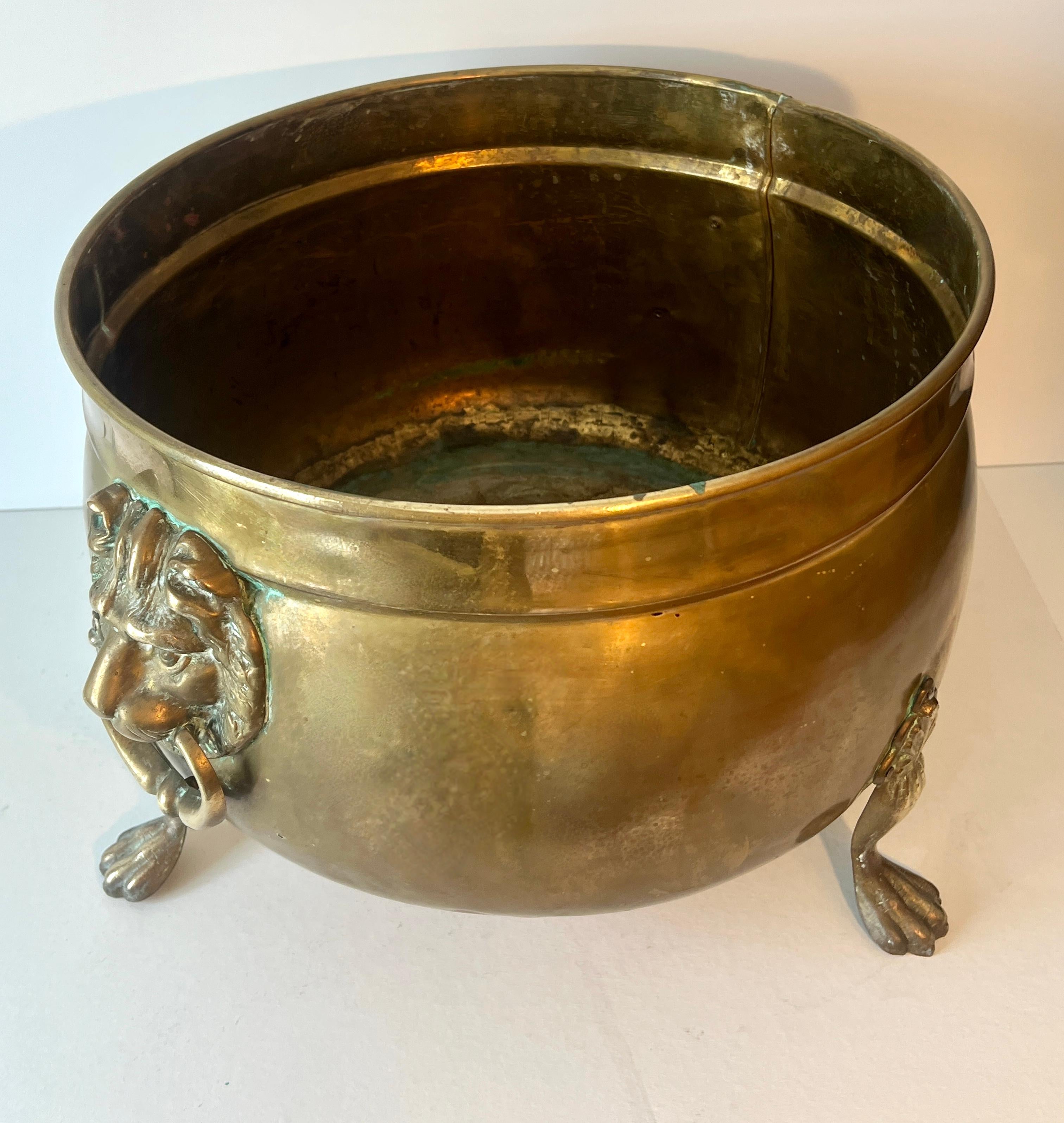 Brass Fireplace Pot or Planter with Lion and Ring Handles For Sale 2