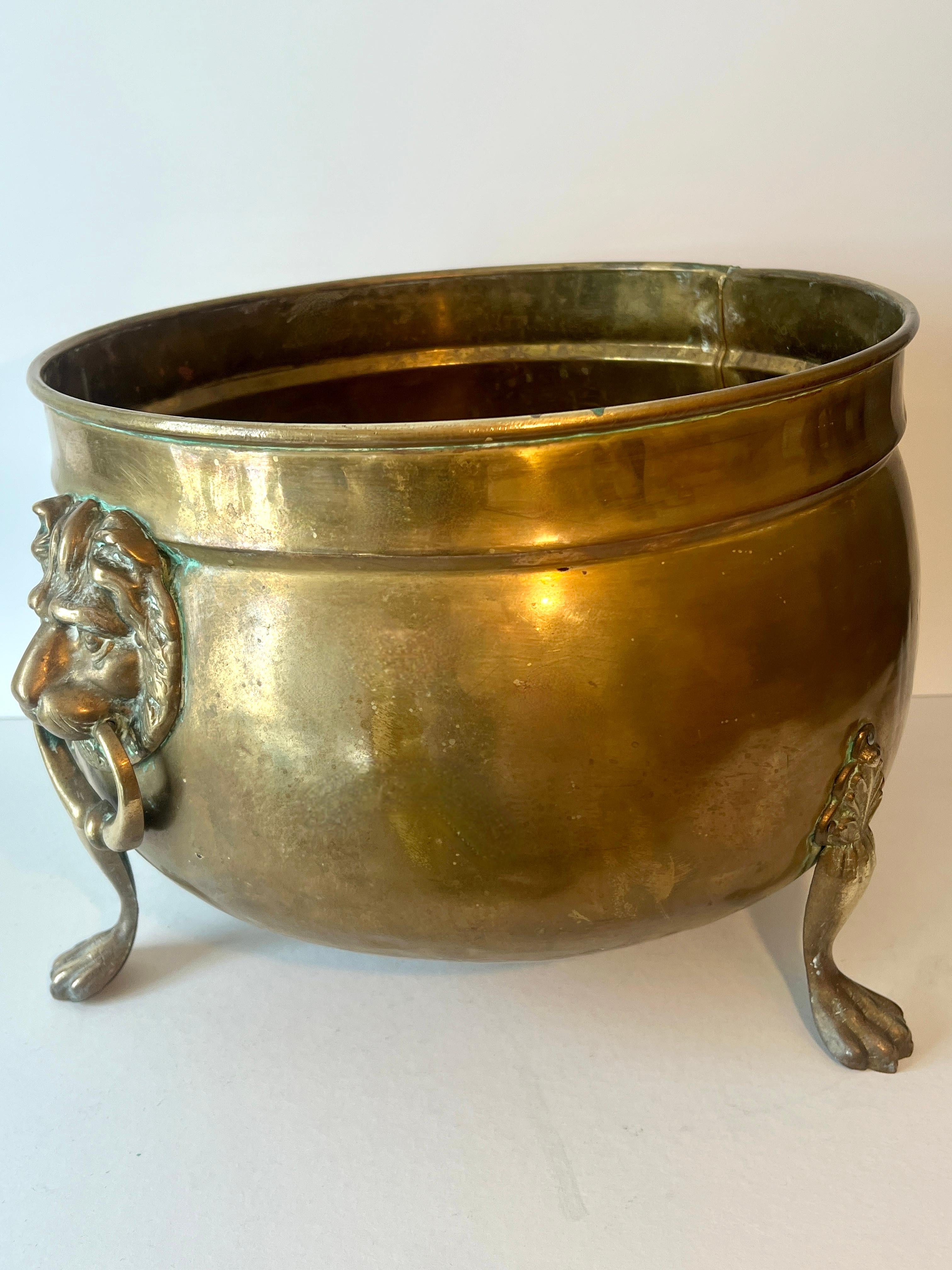 Brass Fireplace Pot or Planter with Lion and Ring Handles For Sale 3