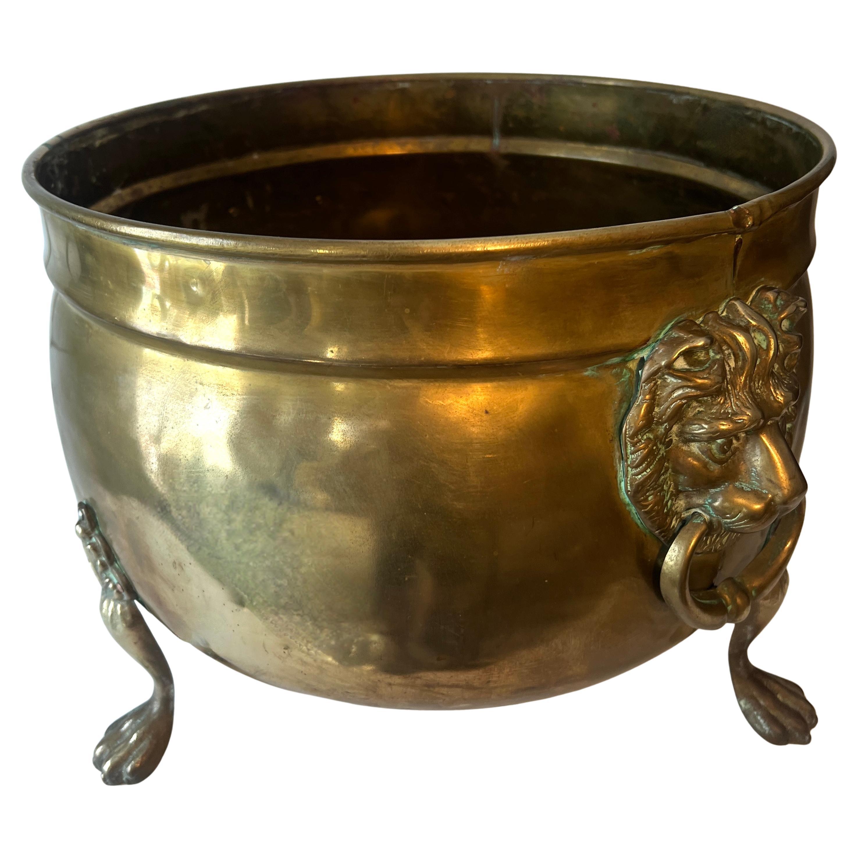 Brass Fireplace Pot or Planter with Lion and Ring Handles For Sale