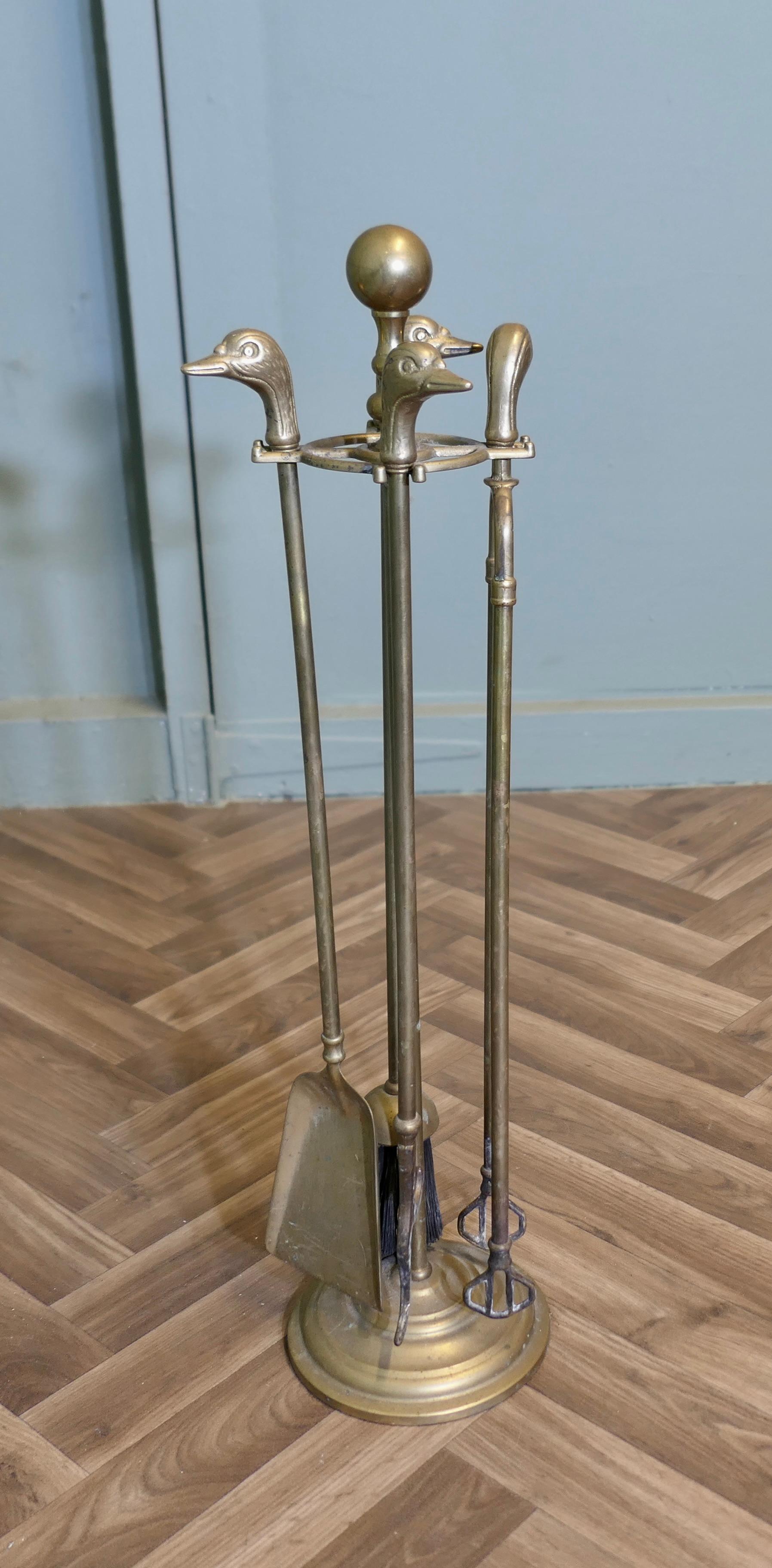 Art Deco Brass Fireside Companion Set, Fireside Tools with Ducks For Sale