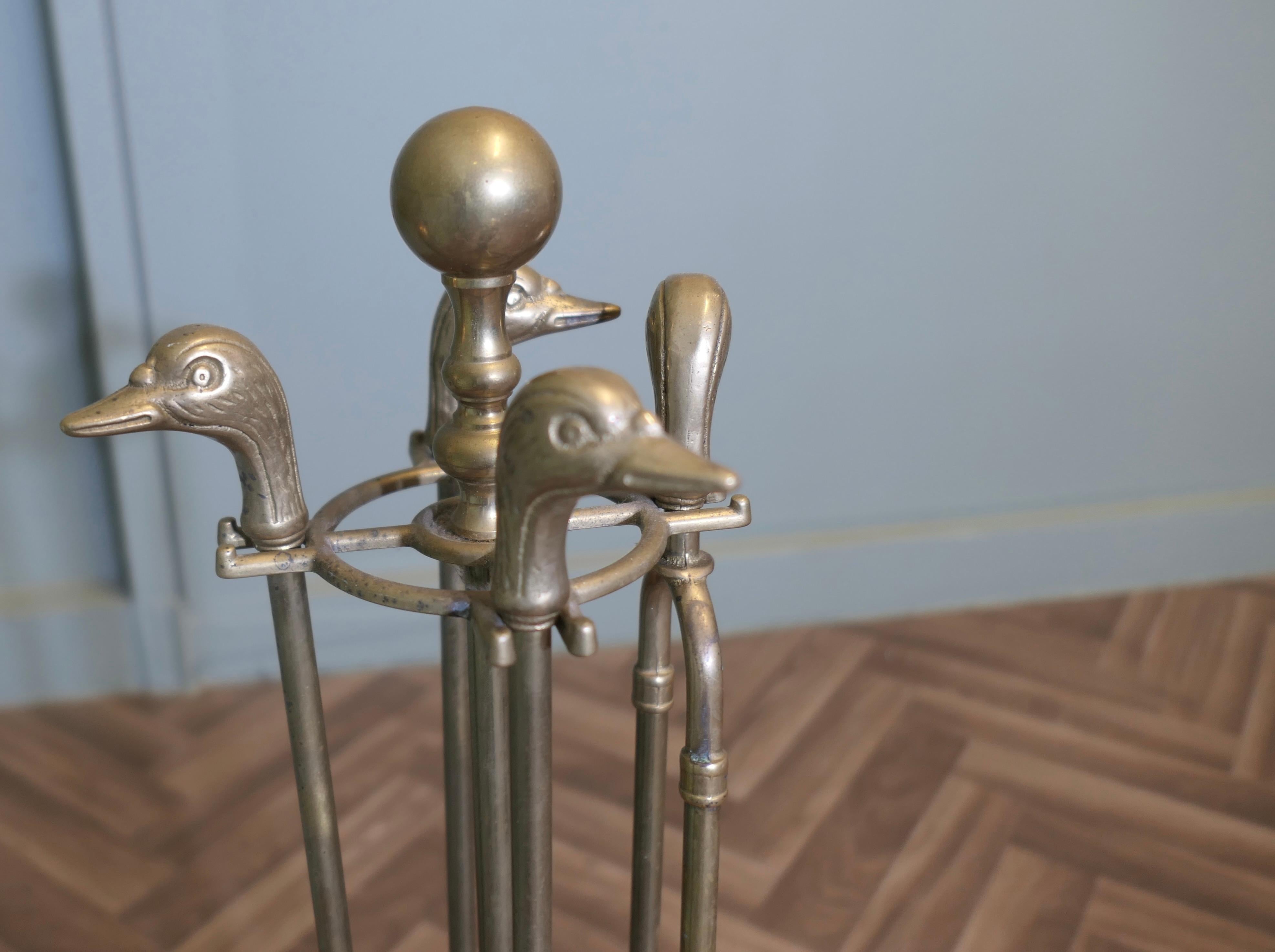 Early 20th Century Brass Fireside Companion Set, Fireside Tools with Ducks For Sale