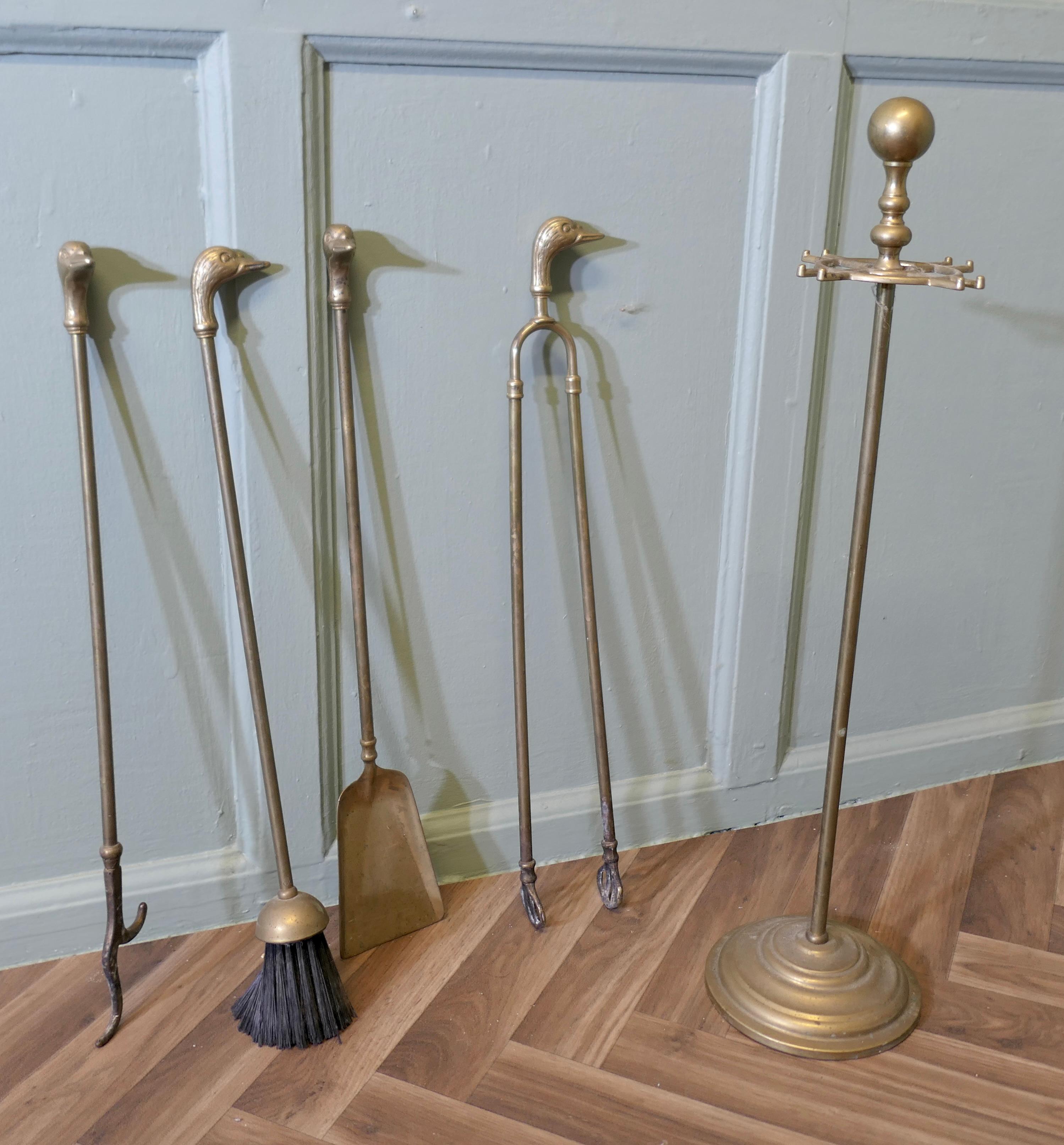 Brass Fireside Companion Set, Fireside Tools with Ducks For Sale 1