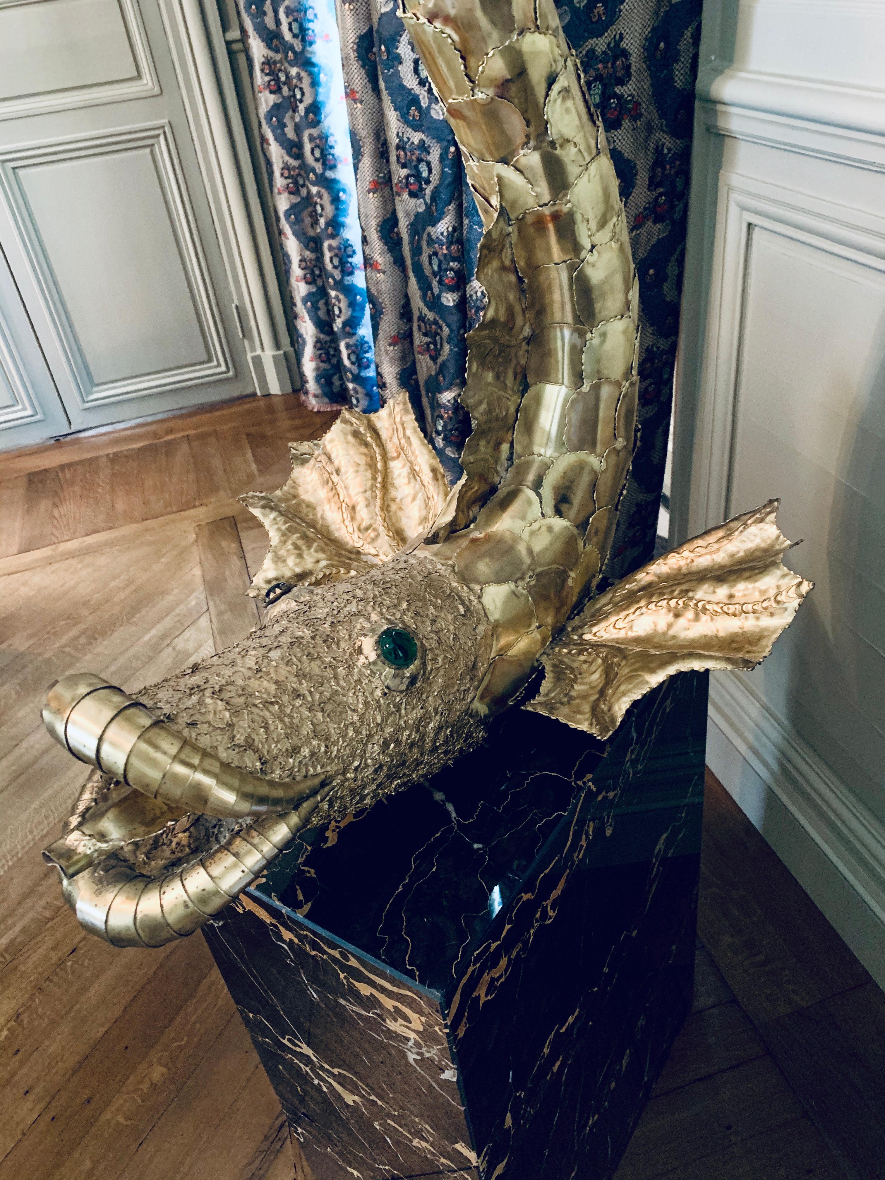 Hammered Henri Fernandez Sculpture Brass Fish  For Sale