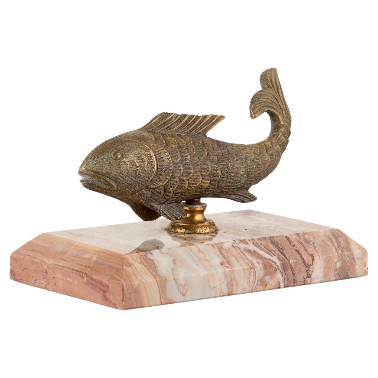 Ariel brass fish with beige marble base For Sale
