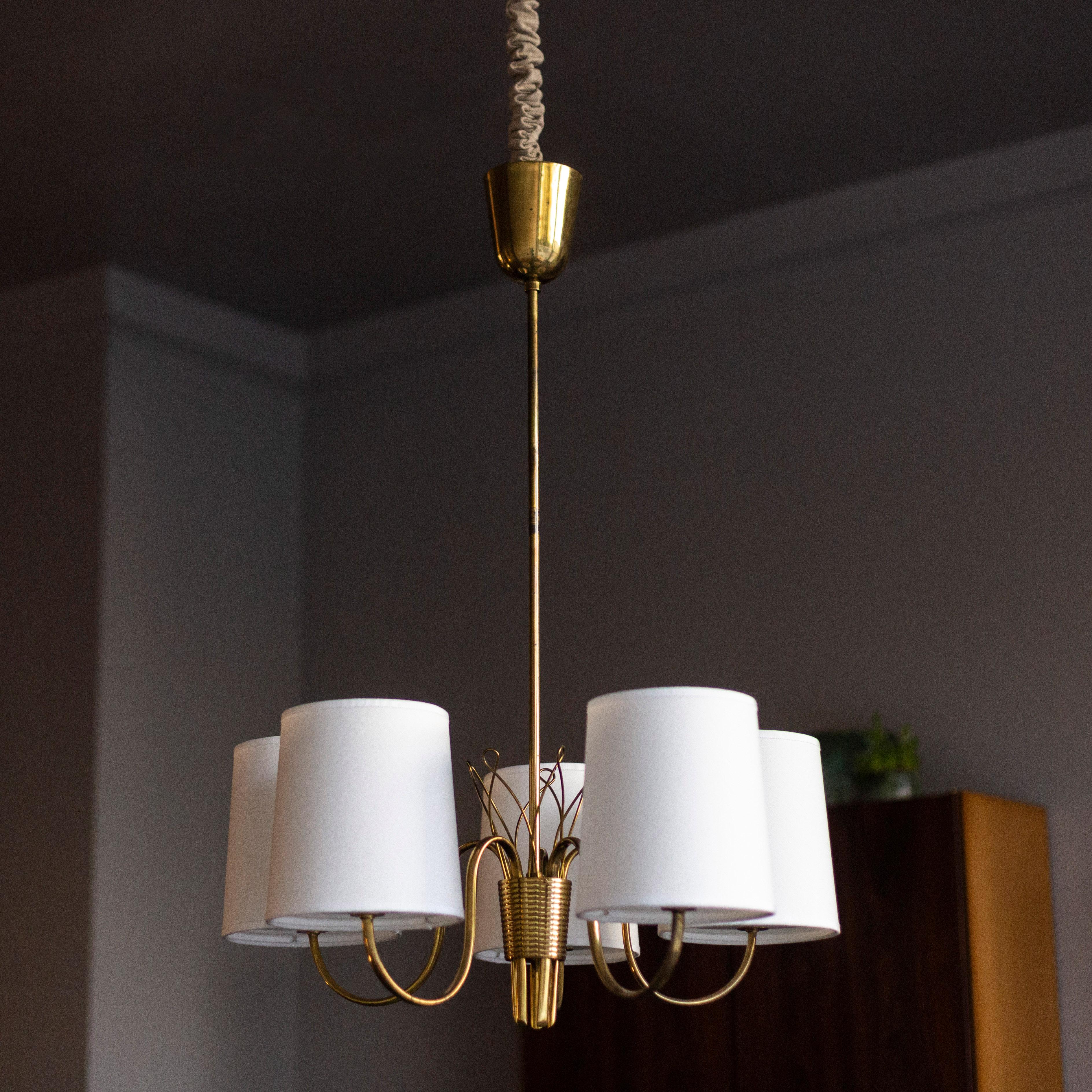 Brass Five-Arm Chandelier, Paavo Tynell, Finland, 1940s 8