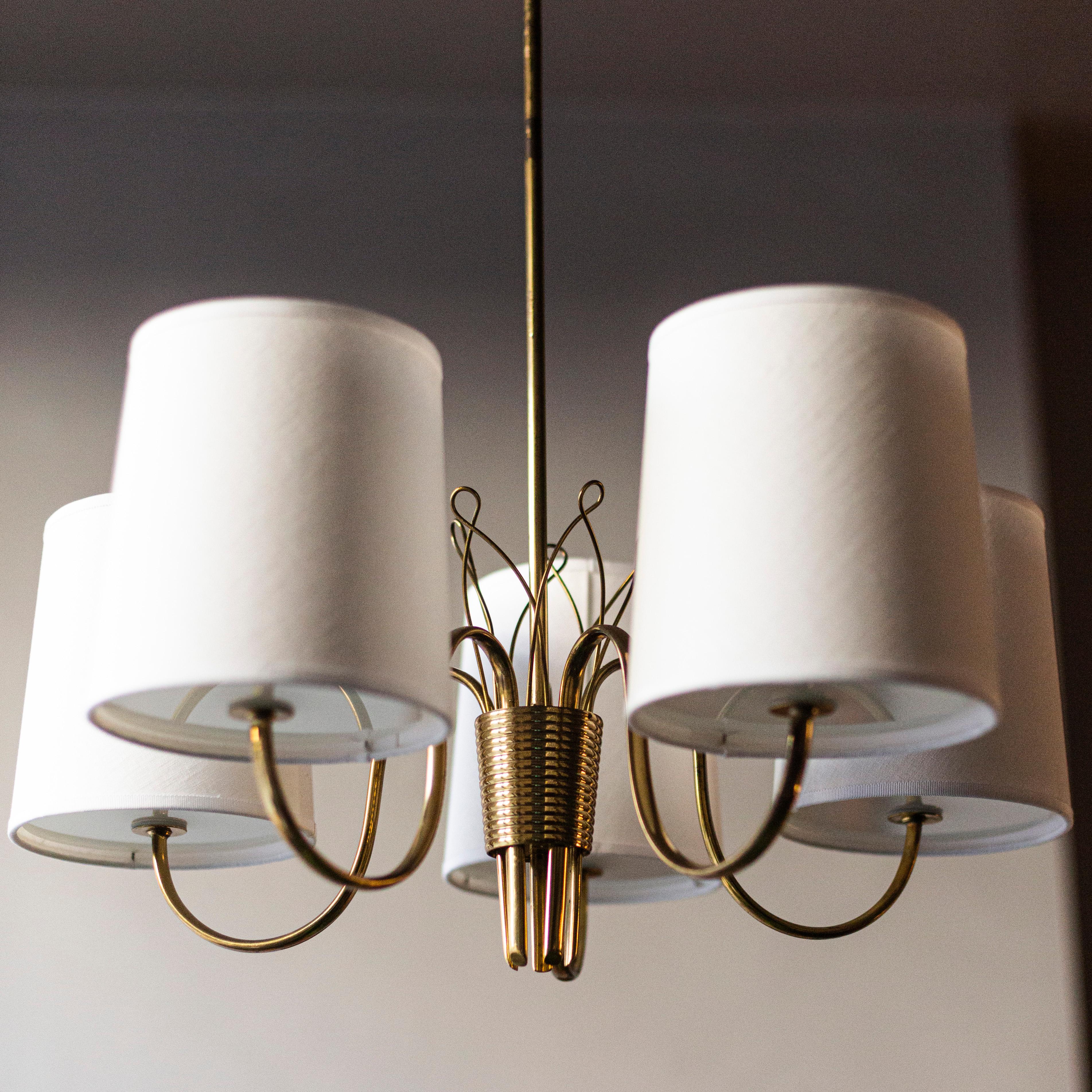 Brass Five-Arm Chandelier, Paavo Tynell, Finland, 1940s In Good Condition In London, GB