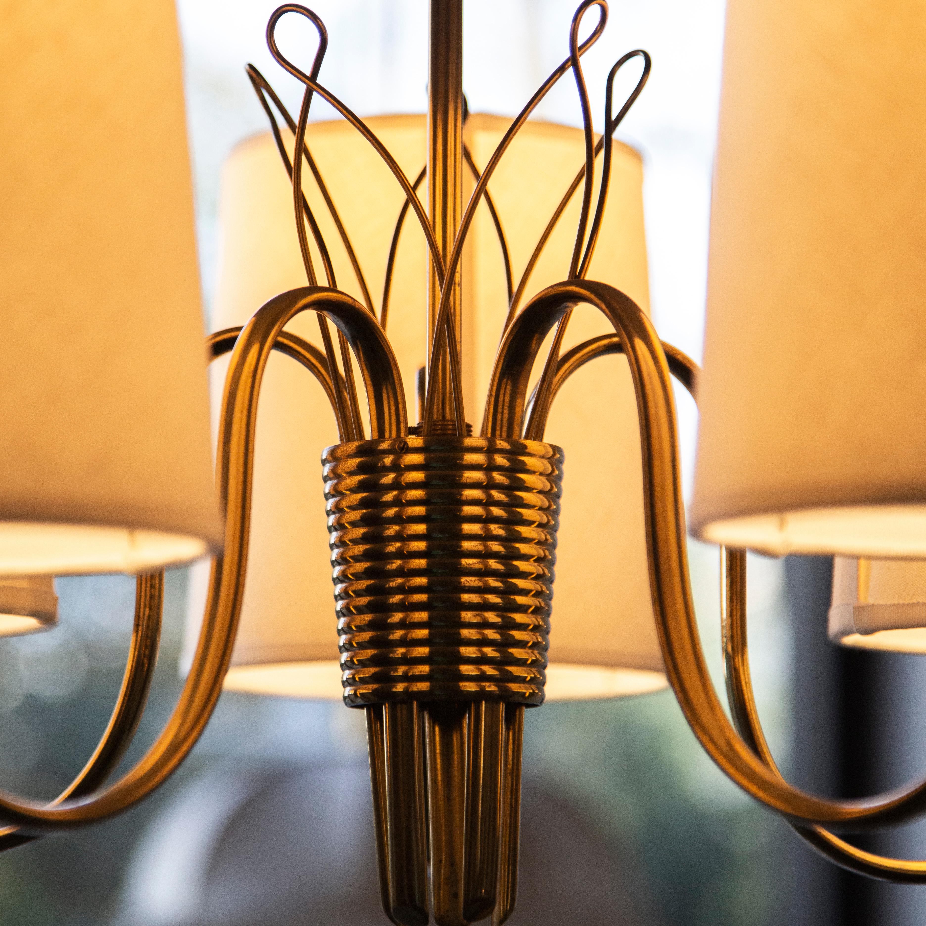 Mid-20th Century Brass Five-Arm Chandelier, Paavo Tynell, Finland, 1940s